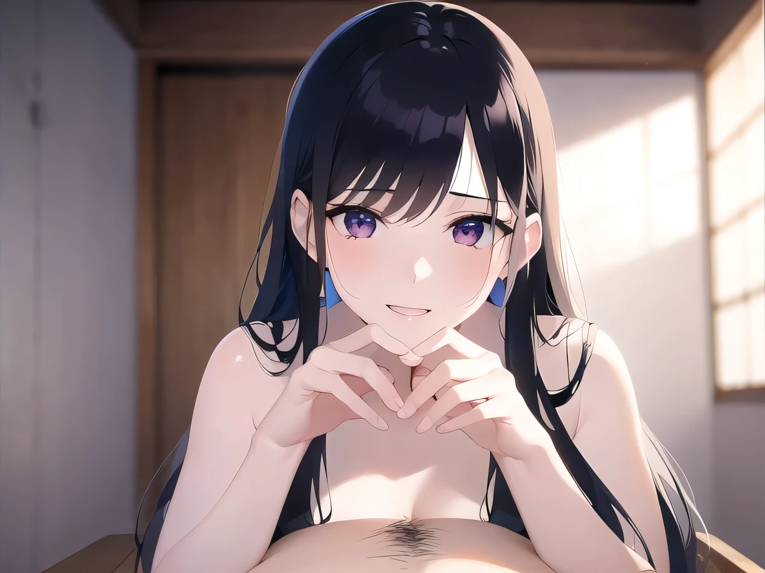 Side angle,(avert your eyes:1.5),Realistic,(Pale skin: 1.2), RAW Photos,Realistic,Portrait Photography,Shiny skin,Japanese Idols,Shiny Hair,(A 25-year-old woman with medium-length straight hair and bangs) and (Black Hair) and (Purple eyes),smile,Background is an office room,by 2 person,All naked,naked,Dick,penis,semen,Creampie,Pussy,Male organ,Sex,Sweat,Sweaty,Female organ,Lower Body