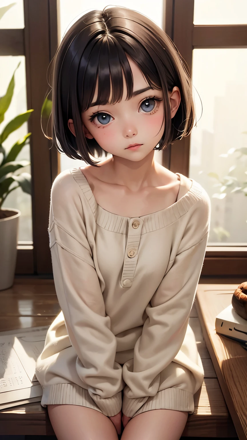short hairと白のSummer knitwear, Summer knitwear, short hair, 前髪のあるshort hair, Cute face girl, Cute little face in a portrait, French Bob, White skin!!, 短い茶色の髪とBig eyes, Soft Portrait Shot 8k, Beautiful light、Big eyes, Beautiful girl, Young girl with bob cut, Best image quality, Tabletop, Leonardo da Vinci's Notebooks Da Vinci, Leonardo da Vinci's manuscript in the background,See-through gown,Exposing breasts,Man and woman hug,,