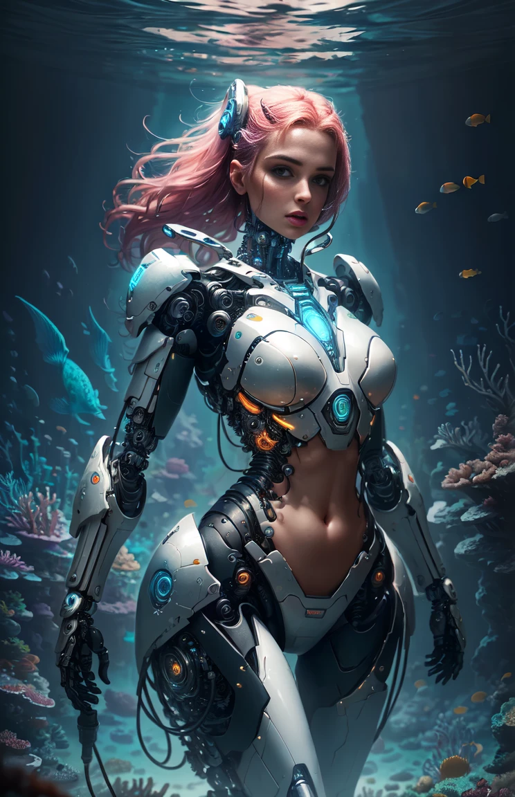 there is a woman in a futuristic suit standing in a coral reef, mermaid cyborg with a laser whip, cyborg - girl, cyborg girl, beutiful girl cyborg, movie still of a cool cyborg, cybersuits, from pacific rim, cybersuit, movie still of a cyborg, in a scifi movie, beutiful white girl cyborg, girl in mecha cyber armor, high quality, best quality, absurdres, masterpiece, beautiful, intricate details, 1/2 body crop, slim body, beautiful figure, magnificent anatomy, (intricate details:1.12), HDR, (intricate details, hyper-detailing:1.15), (natural skin textures, hyper realisitc, soft light, Sharp:1.2)