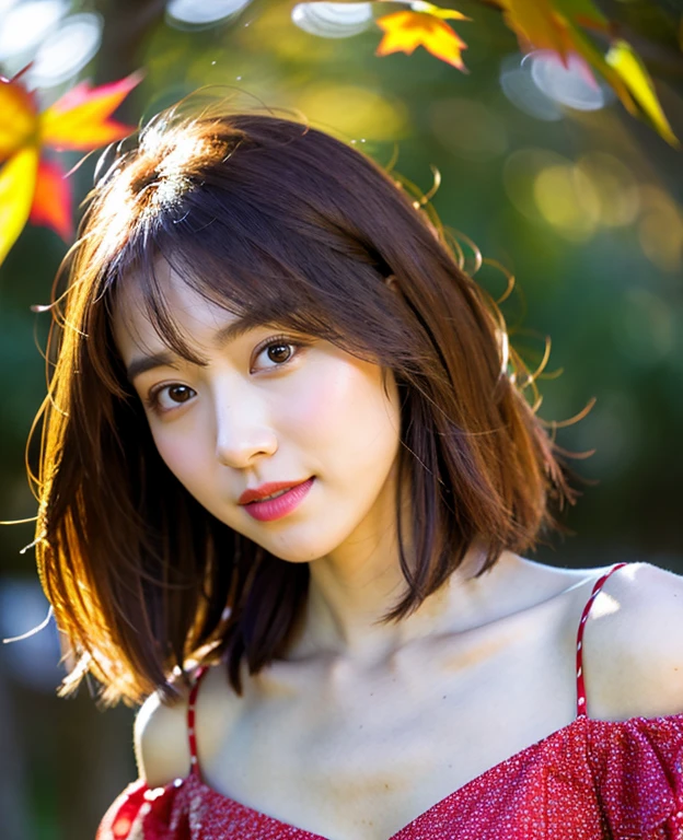 (((medium hair))), highest quality, 8K, absurd: 1.2, background blur, bokeh: 1.2, photo, (raw photo: 1.2), (Photorealsitic: 1.4), (complex details: 1.2), nice woman, delicate and beautiful details, (detailed eyes), (detailed facial features), , (((normal breasts))), beautiful skin, (best quality: 1.4), (((off red) Shoulder dress))) with beautiful autumn leaves in the background