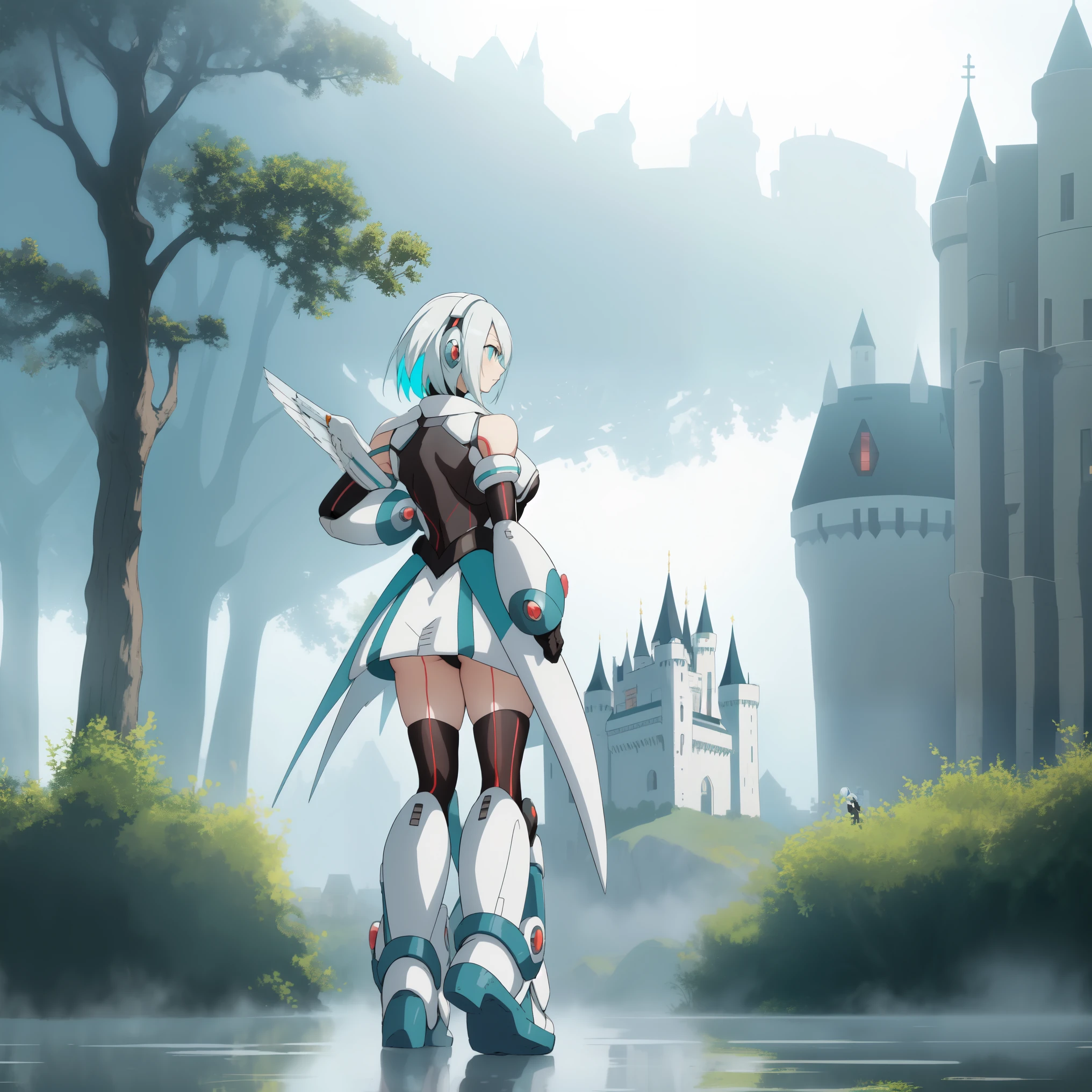 ico_megamanxdive, 1girl, blue eyes, solo, white hair, android, large breasts, black gloves, short hair, thighhighs, necktie, high quality, masterpiece, standing next to a swamp and castle surrounded by mist, outdoors, tree, solo, from behind, bird, facing away, scenery