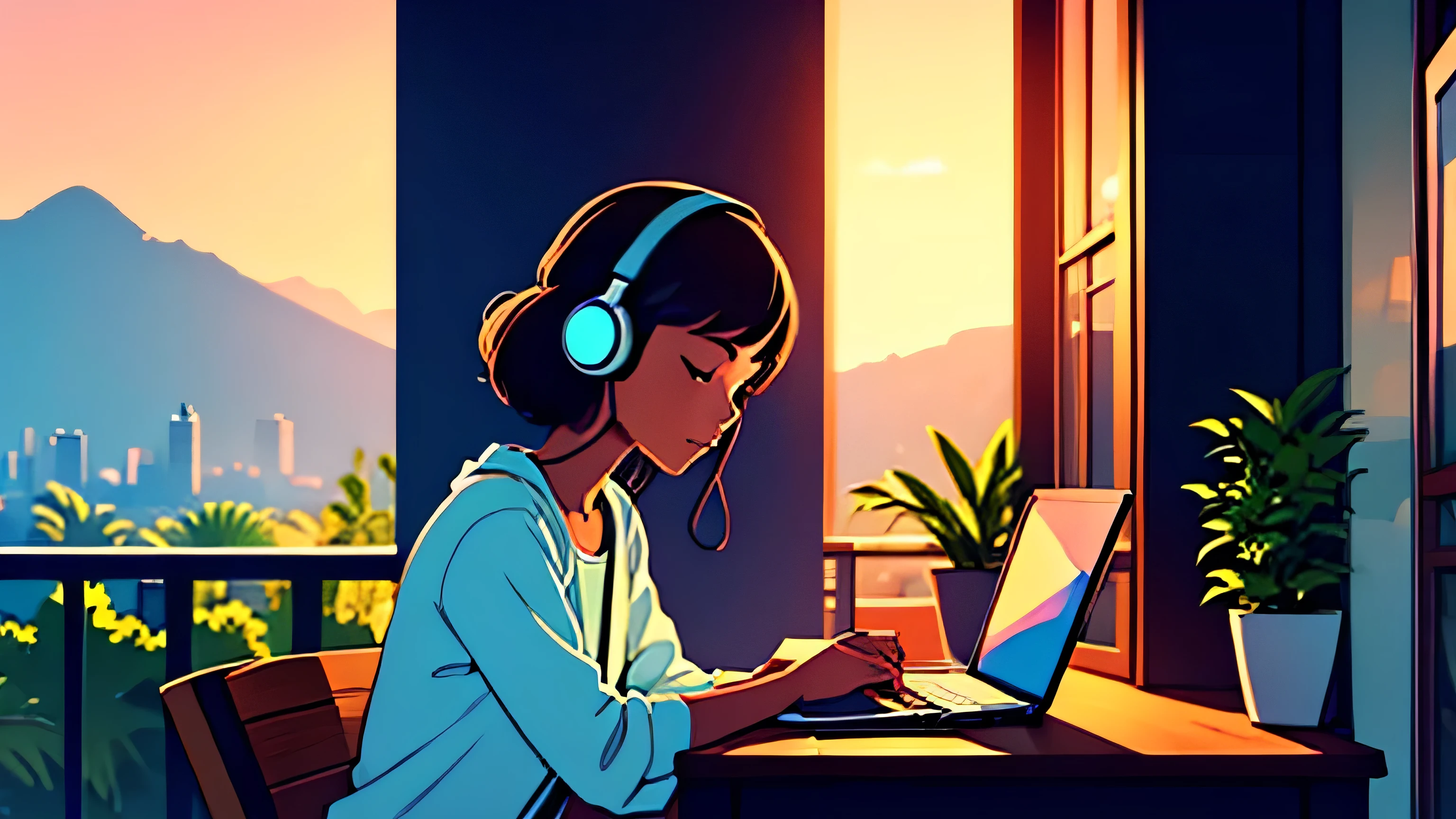 in early morning a girl studying while listening to music with headphones outside of the balcony .the view is very beautiful . there are plants in the background. Lo-fi She is typing her laptop with a beautiful morning view with sunrise books and plants in the background with a cup of cocoa inside on the desk