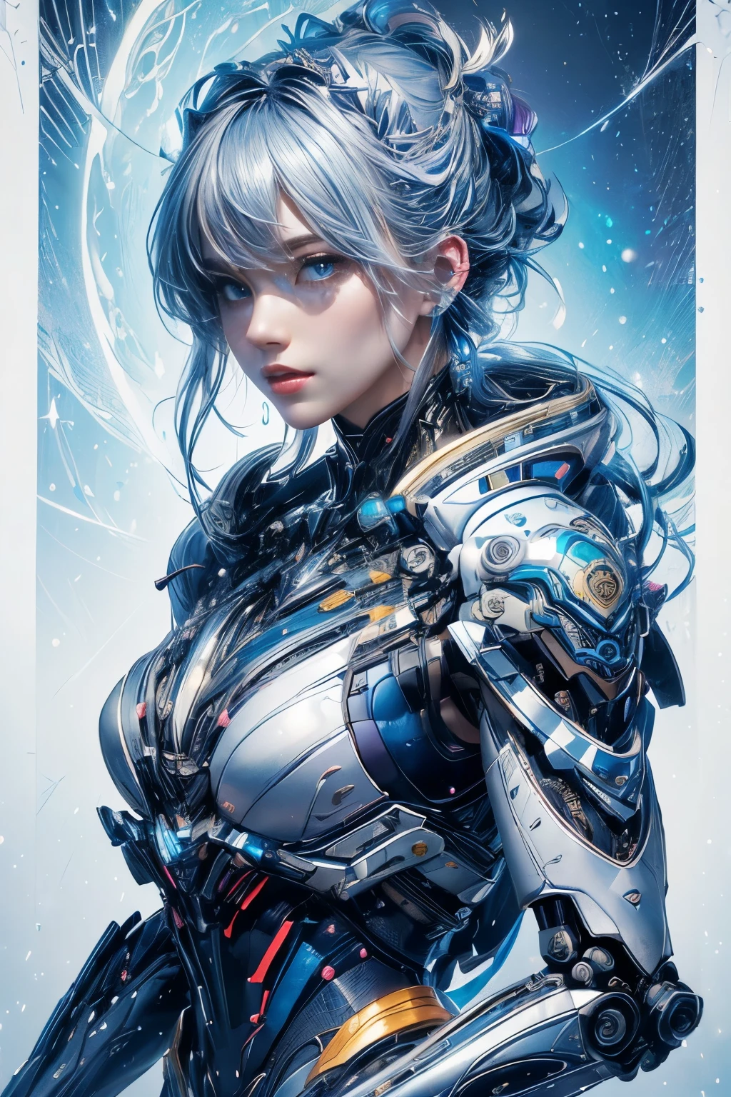 CG Mecha, Beautiful Eyes, Two people、Upper Body, （mechanical）, Double Exposure、Portraiture,jet suit、Get down on one knee、patrol、 Police Officer、perfection、Neon Light, 8k, born, highest quality, Tabletop, 超A high resolution, colorful, (medium wide shot), (Dynamic Perspective), Sharp focus , (Depth of written boundary, Bokeh:1.3),rossdraws cartoon vibrant、Contemporary art, Highly detailed eyes and face,Ninja Artist, Beautiful fine details、iron, Trim Gear:1.2), ((Tabletop, highest quality)), Detailed Background, Inside the spaceship、Grab your weapon、（Gray Hair）、blue eyes、born物発光、Crescent Moon、Fantasy,masterpiece,Plug in、spectrum、confusion、kaleidoscope