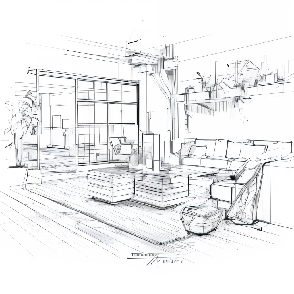 a drawing of a living room with a couch, coffee table, and a chair, sketch illustration, line work concept art, sketch style, lineart behance hd, hyperrealistic sketch, interior design details, sketch black and white colors, interior background art, concept illustration, interior living room, concept art sketch, interior design background, concept sketch, interior architecture view