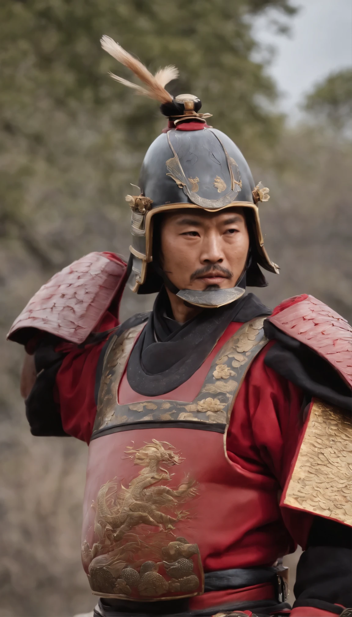 日本の軍事支配者の伝統的な赤い鎧を身に着けた威厳のあるpeople物である真田幸村の高画質画像、Command and Control by Yukimura Sanada。In this scene in the movie、The general stood before the audience.、Surrounded by many retainers wearing red armor of the Sanada army、All have demonstrated unwavering loyalty and discipline.。The bright colors of their armor、Contrasting with the dark background、It enhances the dramatic visual impact of the scene.。The Shogun faces the impending battle、He gave a powerful speech to the troops.、The air is filled with intense energy。The torch flame flickers in the darkness、people々The photo was taken with Osaka Castle in the background.