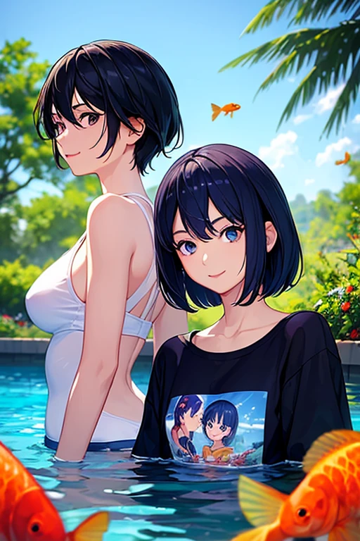 (masterpiece, Very detailed, Beautiful, detailed eyes: 1.2), Two Girls,smile, In the water,Facing forward,Face forward, Goldfish, Aquarium,Inner shirt,one piece,Short Hair, Blue Hair, profile,, alone, Upper Body, masterpiece, highest quality