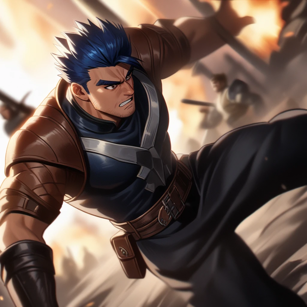 1guy, middle musclar, handsome mercenary, arngrim, leather, dramatic expression, blue hair, spiked hair, short bangs, upper legs, masculine, fantasy battle, wideshot, dutch angle, stubble, [[[cinematic lighting, cinematic shadow]]], brown eyes, 1990s, VHS Quality