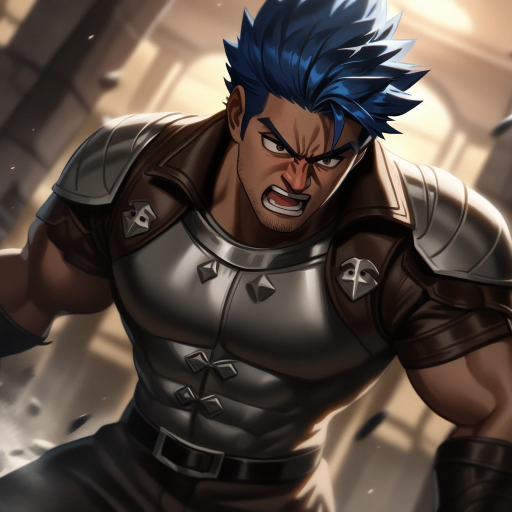 1guy, middle musclar, handsome mercenary, arngrim, leather, dramatic expression, blue hair, spiked hair, short bangs, upper legs, masculine, fantasy battle, wideshot, dutch angle, stubble, [[[cinematic lighting, cinematic shadow]]], brown eyes, 1990s, VHS Quality