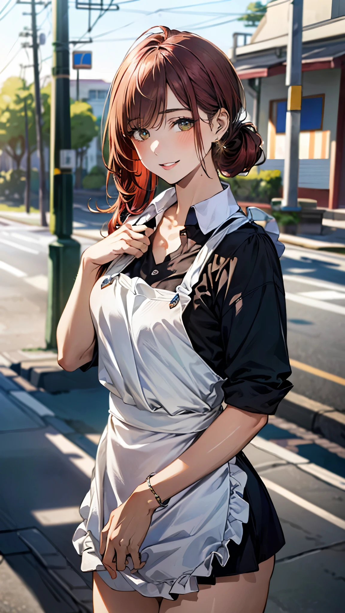 (masterpiece:1.3, top-quality, ultra high resolution, ultra detailed), (realistic, photorealistic:1.4), beautiful illustration, perfect lighting, natural lighting, depth of fields,
beautiful detailed hair, beautiful detailed face, beautiful detailed eyes, beautiful clavicle, beautiful body, beautiful chest, beautiful thigh, beautiful legs, beautiful hands,
looking at viewer, 1 girl, high school girl, convenience store clerk, (perfect anatomy, anatomically correct), cute and symmetrical face, babyface, perfect face, perfect eyes, shiny skin,
(chignon:1.8, straight hair, red hair), asymmetrical bangs, dark green eyes, long eye lasher, (medium breasts, juicy thighs, attractive thighs),
(white collared blouse, shirt, apron with store logo, name tag is attached to the chest),
(beautiful scenery), evening, (convenience store), standing, perfect contrapposto pose, (lovely smile, upper eyes, parted lips),