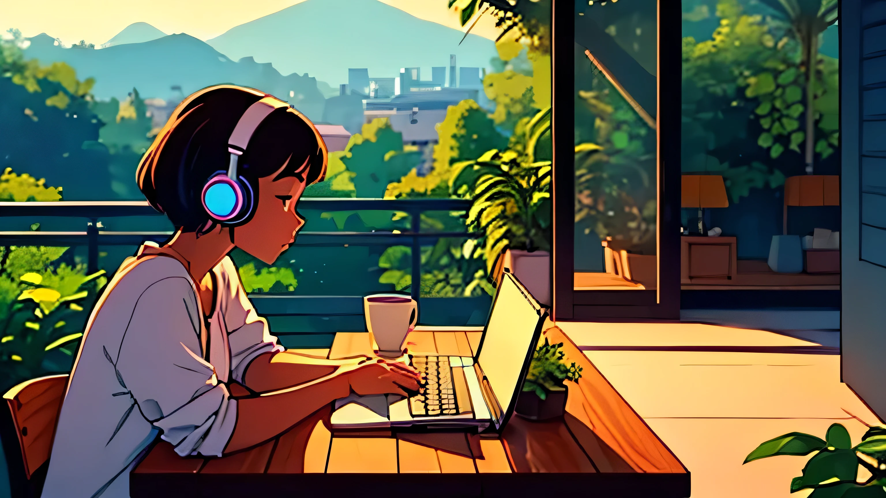 in early morning a girl studying while listening to music with headphones outside of the balcony .the view is very beautiful . there are plants in the background. Lo-fi She is typing her laptop with a beautiful morning view with books and plants in the background with a cup of cocoa inside on the desk