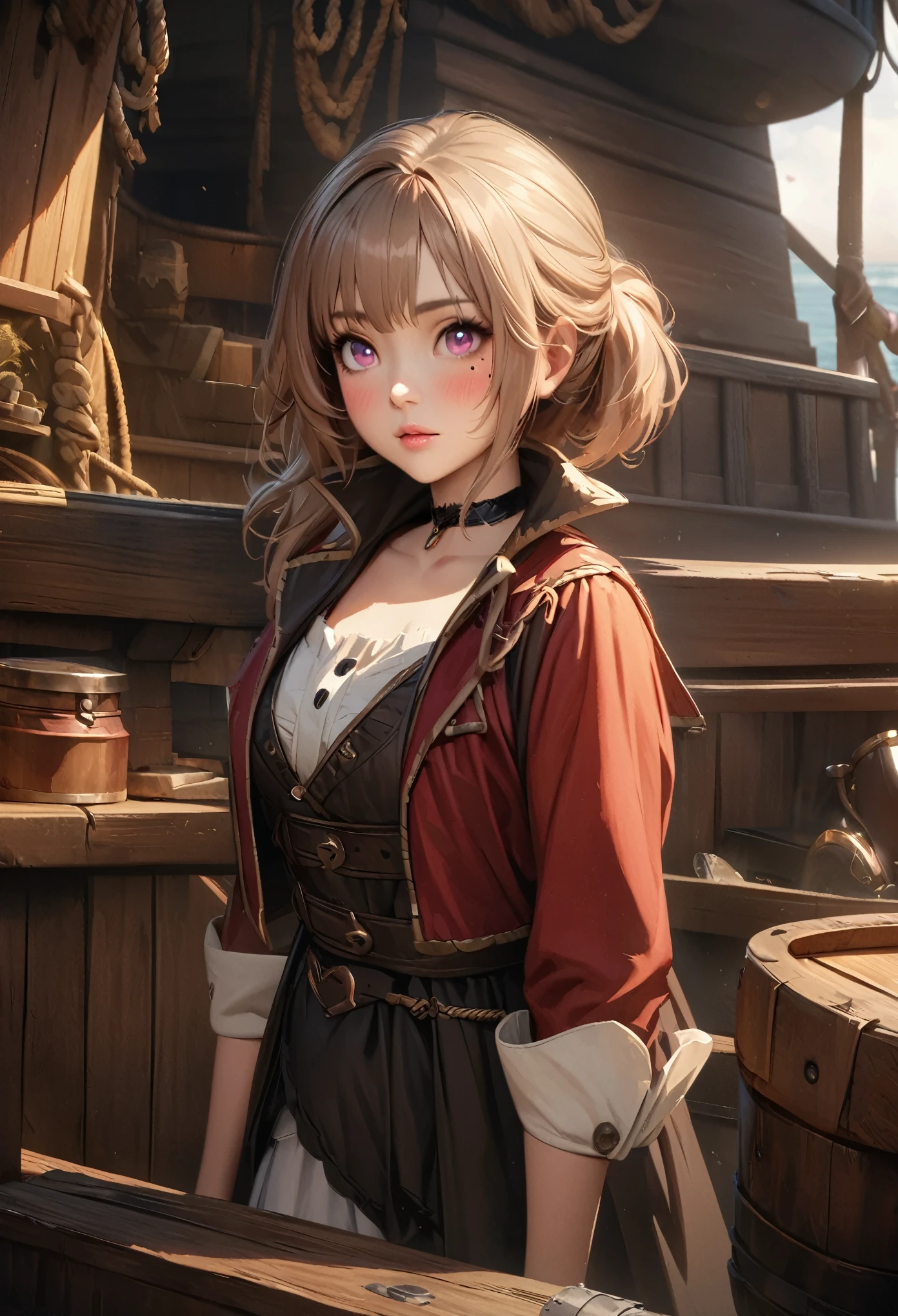 LittleMasterpiece, Best Quality, Highly Detailed, High Definition, High Definition, High Definition, 4k, 8k, Unity 8K Wallpaper, Highly Detailed CG, Masterpiece, Realistic, Beautiful Details, Depth, Fine Texture, Best Quality: 1.3, Total concentration, perfect skin, him, very cute anime, female pirate, pirate costume, pirate ship, whole body, mole under the eye, gaze, high, blush, lips parted, his art, pink eyes, choker