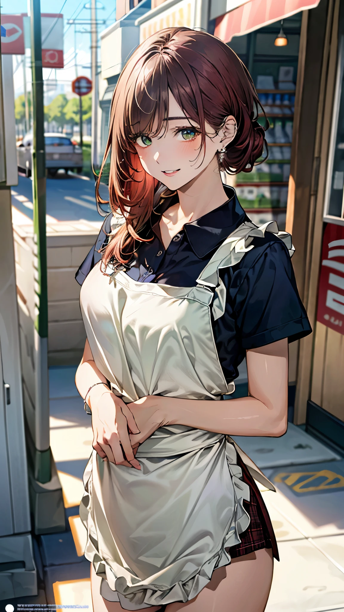 (masterpiece:1.3, top-quality, ultra high resolution, ultra detailed), (realistic, photorealistic:1.4), beautiful illustration, perfect lighting, natural lighting, depth of fields,
beautiful detailed hair, beautiful detailed face, beautiful detailed eyes, beautiful clavicle, beautiful body, beautiful chest, beautiful thigh, beautiful legs, beautiful hands,
looking at viewer, 1 girl, high school girl, convenience store clerk, (perfect anatomy, anatomically correct), cute and symmetrical face, babyface, perfect face, perfect eyes, shiny skin,
(chignon:1.8, straight hair, red hair), asymmetrical bangs, dark green eyes, long eye lasher, (medium breasts, juicy thighs, attractive thighs),
(white collared blouse, shirt, apron with store logo, name tag is attached to the chest),
(beautiful scenery), evening, (convenience store), standing, perfect contrapposto pose, (lovely smile, upper eyes, parted lips),