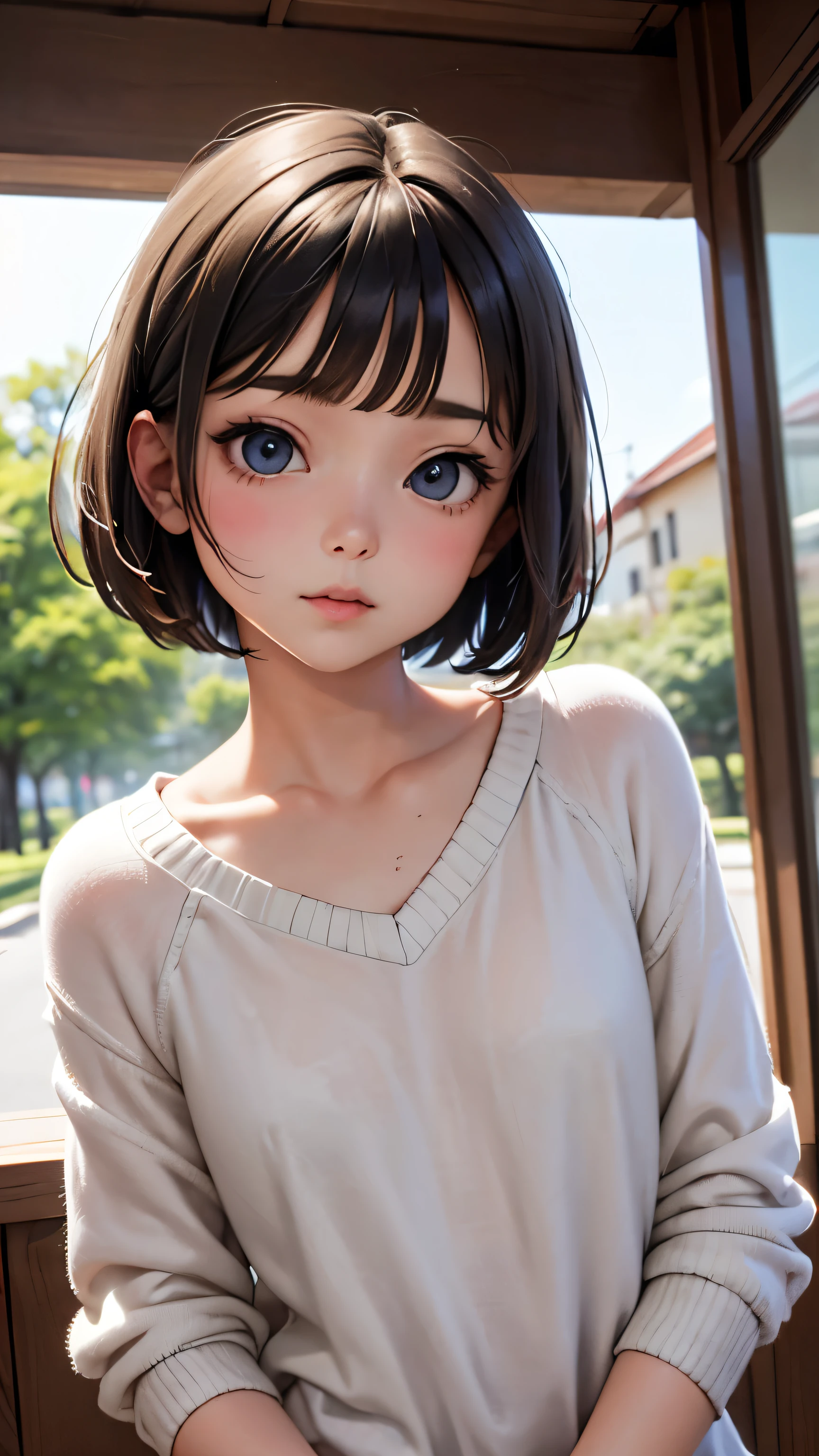 short hairと白のSummer knitwear, Summer knitwear, short hair, Short hair with bangs, Cute face girl, Cute little face in a portrait, French Bob, White skin!!, Short brown hair and big eyes, Soft Portrait Shot 8k, Beautiful light、Big eyes, Beautiful girl, Young girl with bob cut, Best image quality, Tabletop, Leonardo da Vinci's Notebooks Da Vinci, Leonardo da Vinci's manuscript in the background,See-through gown,Exposing breasts,Man and woman hug,,