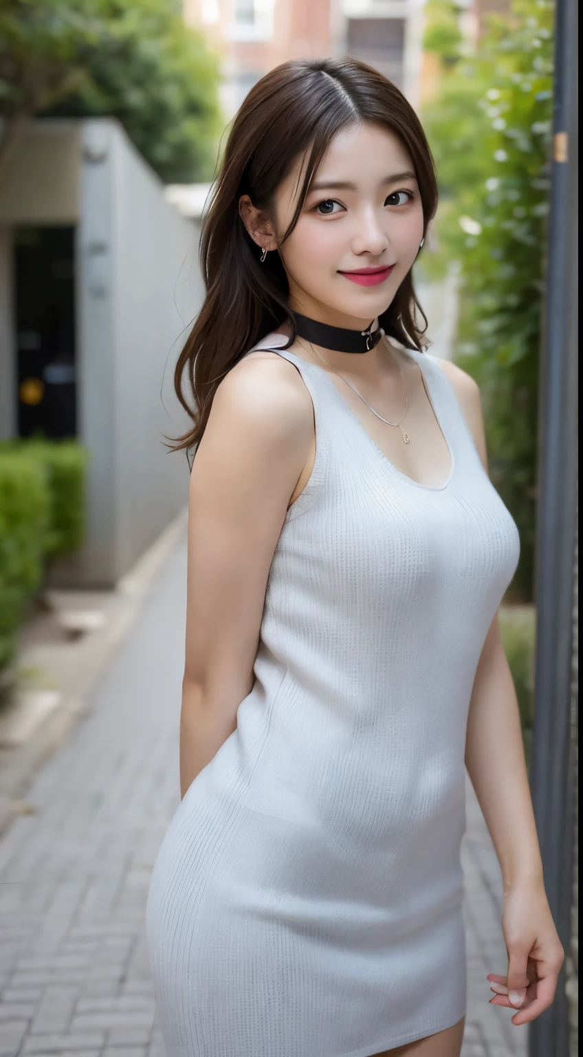 Tabletop, highest quality, figure, Very detailed, In detail, High resolution, 8k wallpaper, Perfect dynamic composition, Beautiful fine details, dress,Medium Hair, Center of chest, Natural color lip, Random sexy poses,smile,Aoyama Street Walk、20-year-old girl、huge 、Too much exposure、Shoulderless knit(Shui Color)、Expose your breasts、Slid、Choker with chain、I keep my hair tied