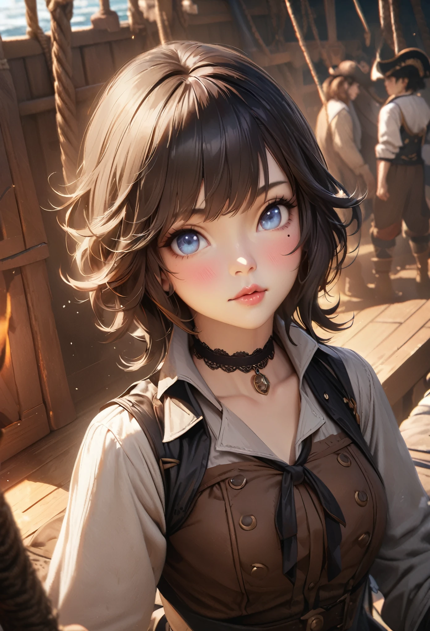 LittleMasterpiece, Best Quality, Highly Detailed, High Definition, High Definition, High Definition, 4k, 8k, Unity 8K Wallpaper, Highly Detailed CG, Masterpiece, Realistic, Beautiful Details, Depth, Fine Texture, Best Quality: 1.3, Total concentration, perfect skin, him, very cute anime, female pirate, pirate costume, pirate ship, whole body, mole under the eye, gaze, high, blush, lips parted, his art, Blue eyes, choker