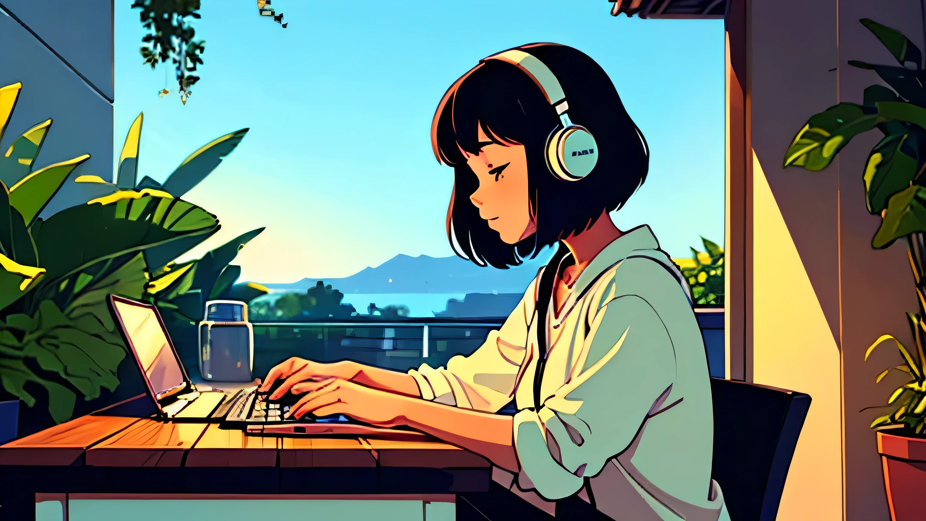 in early morning a girl studying while listening to music with headphones outside of the balcony .the view is very beautiful . there are plants in the background. Lo-fi She is typing her laptop with a beautiful morning view with books and plants in the background with a cup of cocoa inside on the desk Very bright Shine