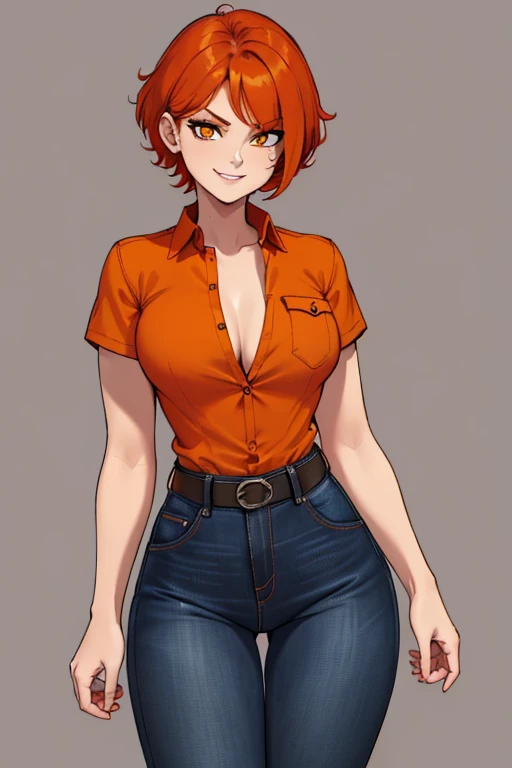 female, red short hair with yellow highlights, orange eyes, (((1girl))), (((black unbuttoned short sleeve shirt))), (orange long sleeve shirt), (black belt), (blue denim jeans), (black flats), cute and sexy, large breasts, large butt, full body, long legs, smiling