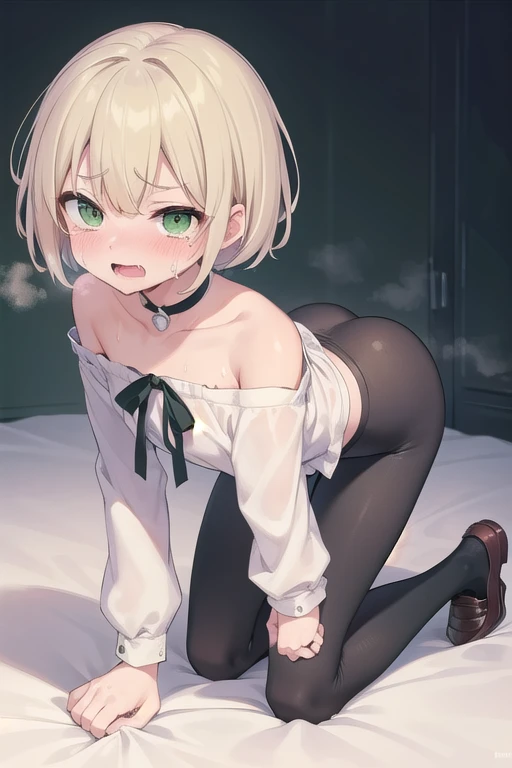 1boy, suzuya aki, nijisanji, virtual youtuber, blonde hair,short hair,bangs,green eyes, choker, off shoulder , white shirt,off-shoulder shirt, long sleeves,black ribbon,loafers,frilled shirt, frills,yoga pants　　, white socks, kneehighs,otoko no ko,flat chest,cowboy shot,masterpiece,best quality,ultra detailed、,Bobcut, (Green Eyes:1.5), Blonde, ,smile,blush, , (bulge:1.4), Covered testicles, blush, ,　,droopy eyes,big eyes,slender,(full body:1.2),(look at viewer:1.2),(all fours:1.2),ass focus, back,(vulgarity:1.1),(fucked silly:1.1),(steam:1.1),(wet:0.7),(trembling:1.1),(tears:1.1) ,(drooling:1.1),(sweat:1.1),open mouth