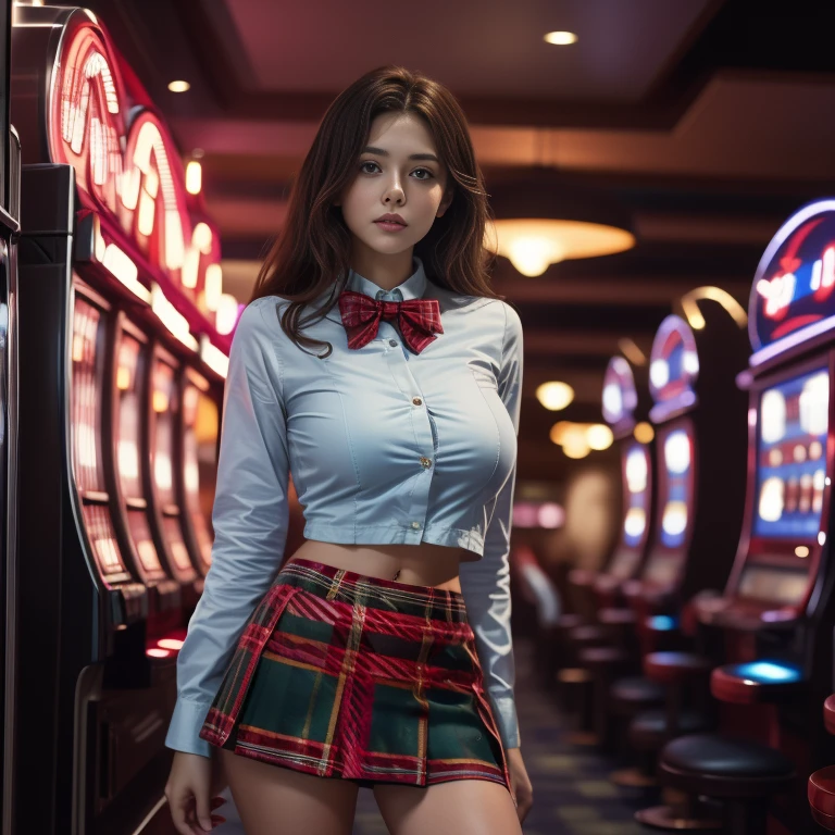 Young and beautiful woman、(slouch)、(Tartan check mini skirt:1.5)、White shirt、A bow tie、Casino Clerk、In the aisle lined with slot machines、Shooting from the side、mynatalee woma、cr1r3、ahud、huge breasts