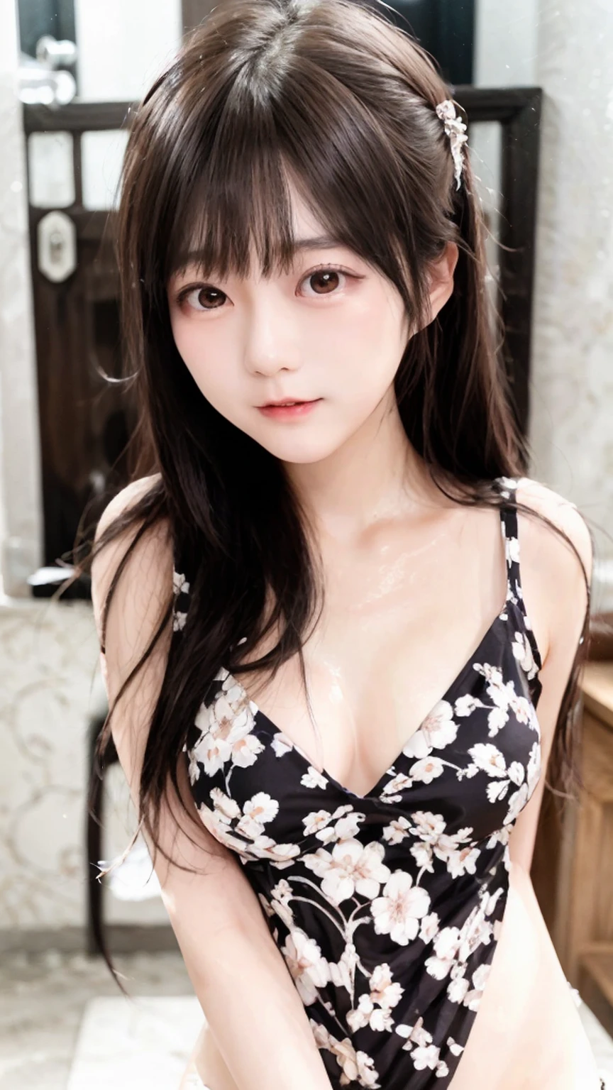 Private beach villa on white sand early morning、A beautiful girl with a super cute face、Big Breasts美少女の前かがみの姿勢に物凄くこだわった最高水準の超高精細全身画像、(Big Breasts)、(Small face)、A cute and stylish white top with sleeveless tops、No makeup、Sexy lips that reveal sexual desire、Chignon hairstyle