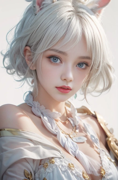 18 years old, Close up portrait of woman in Ancient Greek clothing、Shoulder out、thin、Serious expression、Short-haired、Deadly position, gorgeous necklace, light milky white porcelain skin, smooth translucent white skin, A seductive anime girl, beautiful and seductive anime woman, ultrarealistic sweet bunny girl, pale porcelain white skin, Smooth and realistic perfect body, Anime girl cosplay, realistic shadow perfect body, guweiz masterpiece