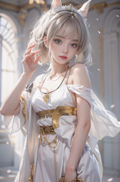 18 years old, Close up portrait of woman in Ancient Greek clothing、Shoulder out、thin、Serious expression、Short-haired、Deadly position, gorgeous necklace, light milky white porcelain skin, smooth translucent white skin, A seductive anime girl, beautiful and seductive anime woman, ultrarealistic sweet bunny girl, pale porcelain white skin, Smooth and realistic perfect body, Anime girl cosplay, realistic shadow perfect body, guweiz masterpiece