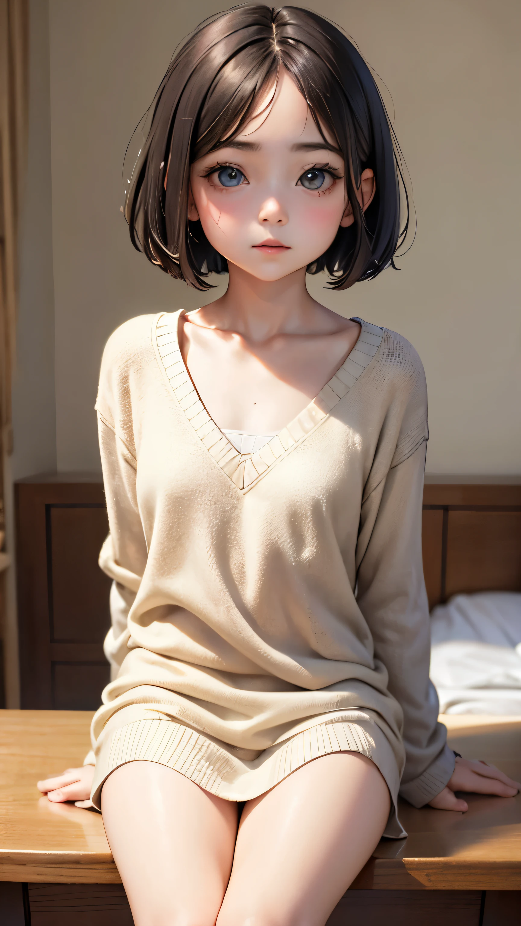 short hairと白のSummer knitwear, Summer knitwear, short hair, Short hair with bangs, Cute face girl, Cute little face in a portrait, French Bob, White skin!!, Short brown hair and big eyes, Soft Portrait Shot 8k, Beautiful light、Big eyes, Beautiful girl, Young girl with bob cut, Best image quality, Tabletop, Leonardo da Vinci's Notebooks Da Vinci, Leonardo da Vinci's manuscript in the background,See-through gown,Exposing breasts,Man and woman hug,,