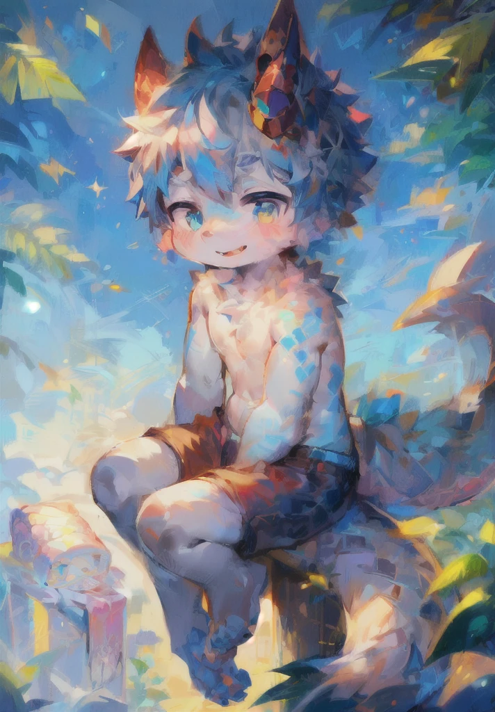 Anthropomorphic male hairy dragon,Light blue hair,Dragon Horn,Q version,(Toddler,), cute, Sitting, Masterpiece, high resolution,8k,high quality,(((solo))),(barefoot:0.6),Like a dream,magic,(Warm light source:1.2),Sitting in a tree,Happy expression,Topless,shorts,Pink meat pads,Simple pattern on the arms,Arms open,,Slight bulge under pants