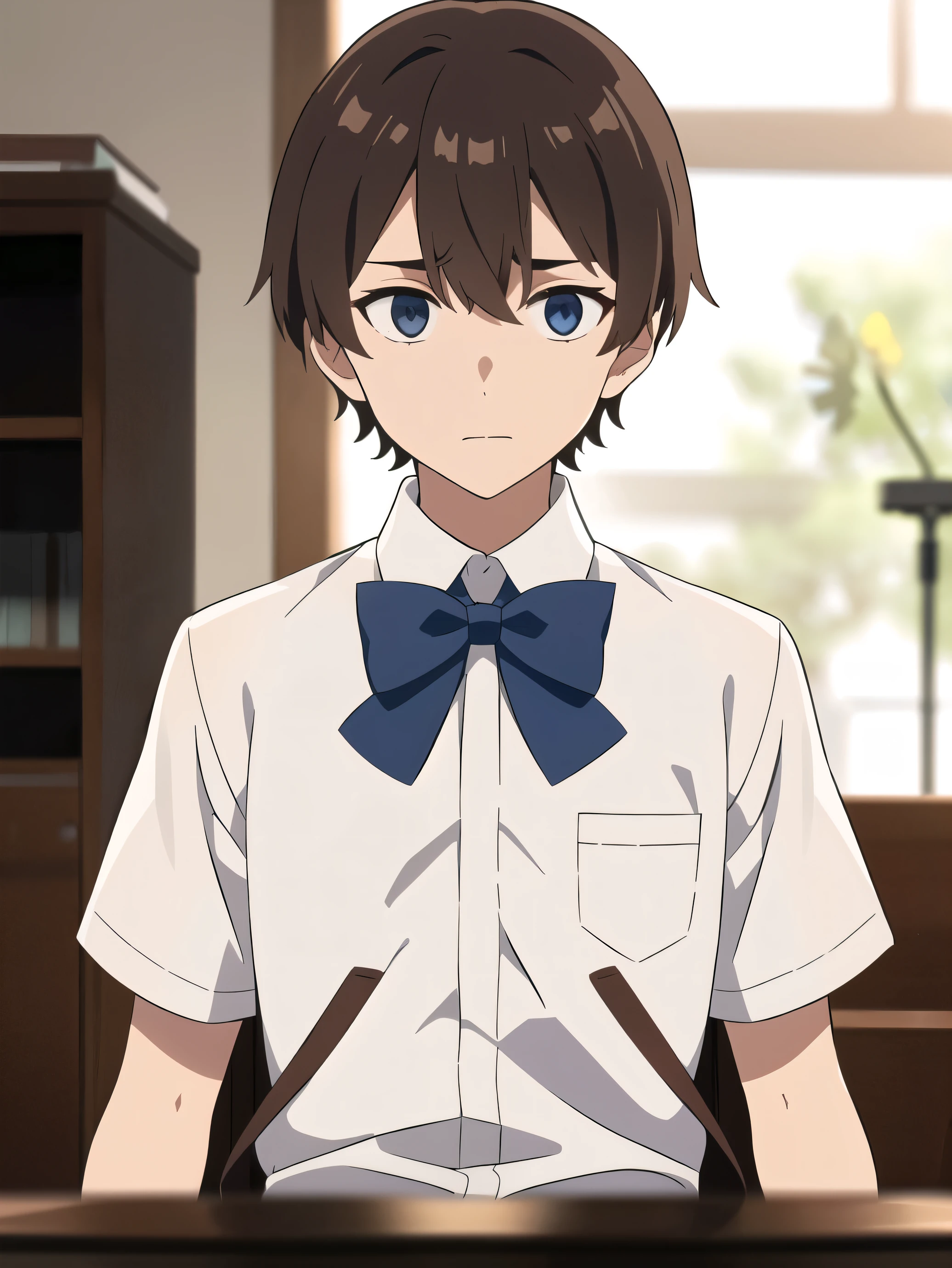 2 boy, interior, white shirt, bow, brown hair, short sleeves, letterboxed, bangs, solo, closed mouth, facing viewer, blurry, , blue bow, dress shirt, upper body, depth of field, hair between eyes, blurry background, bowtie, ground vehicle, indoors, ((masterpiece))