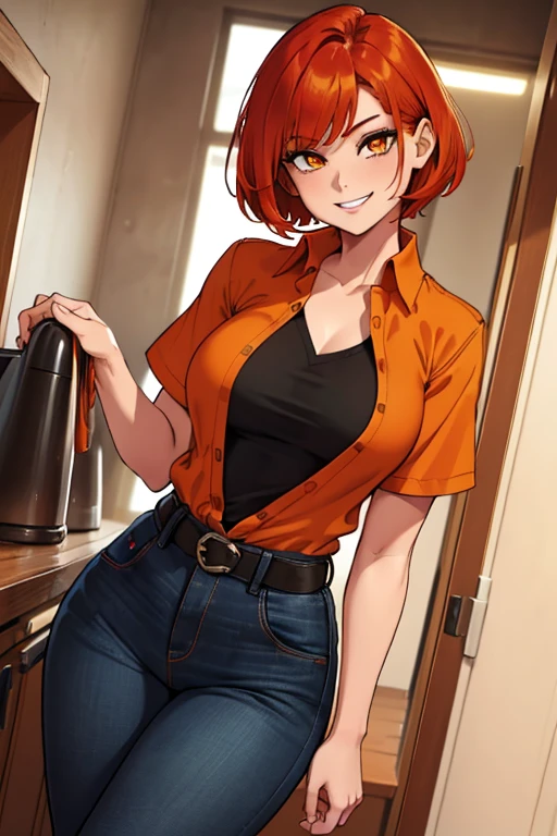 female, red short hair with yellow highlights, orange eyes, (((1girl))), (((black unbuttoned short sleeve shirt))), (orange long sleeve shirt), (black belt), (blue denim jeans), (black flats), cute and sexy, large breasts, large butt, full body, long legs, smiling