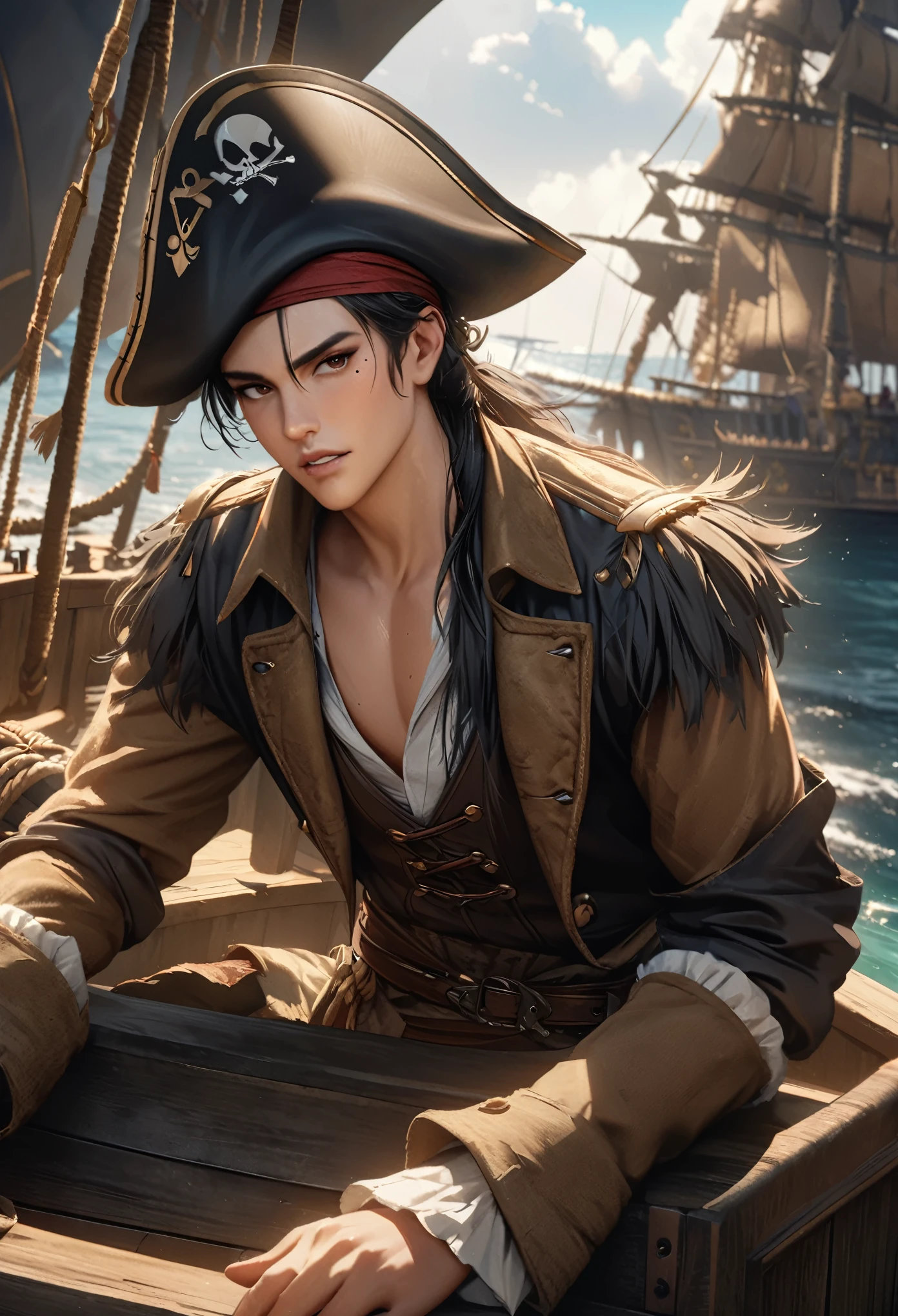 LittleMasterpiece, highest quality, high definition, high definition, high definition, high resolution, 4k, 8k, Unity 8K wallpaper, high definition CG, masterpiece, realistic, beautiful in every detail, depth, detailed texture, highest quality: 1.3, full concentration, perfect skin, he, very good-looking handsome young male pirate, anime, pirate, pirate costume, pirate ship, full body, mole under the eye, gaze looking at the viewer, parted lips,