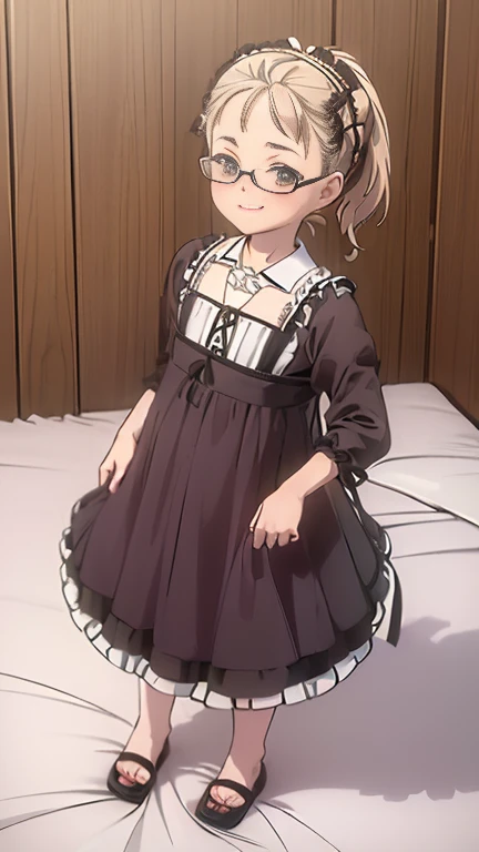 ((masterpiece)),((highest quality)),((Anatomical)),((Realistic)),((Detailed Description)),((cute)),((((bedroom)))),(((One **********))),((Beautiful eyes)),(((ponytail))),((Baby Face)),((Petite)),((Bewitching Smile)),(((****ta Dress))),(((Glasses))),Full body view,