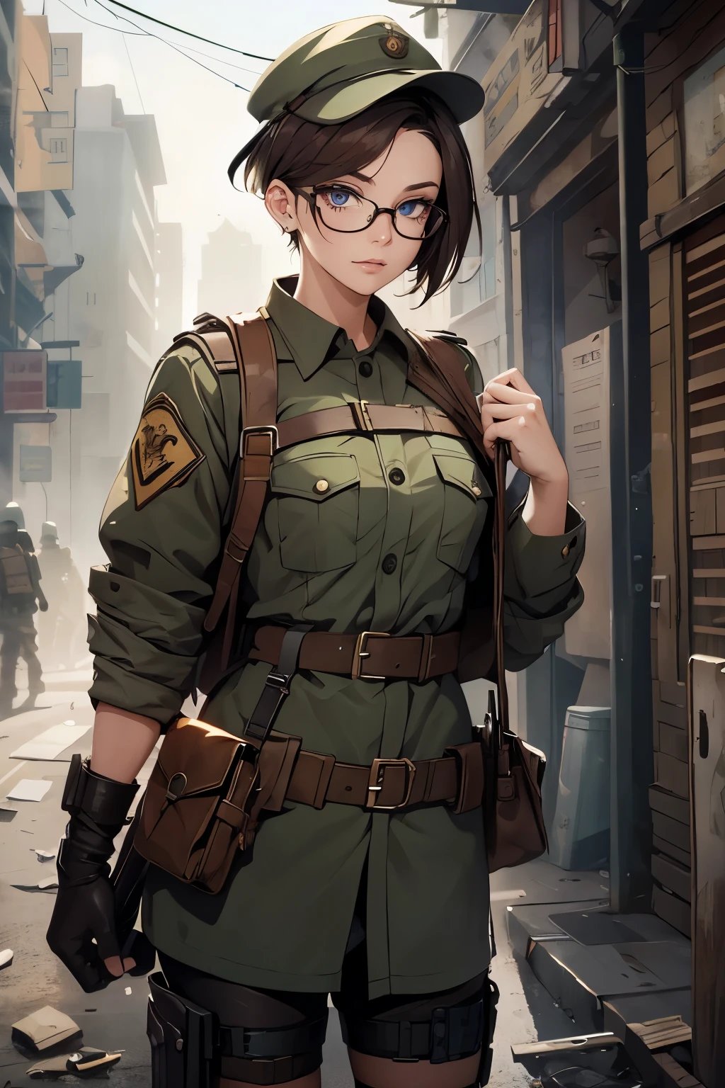a pretty girl messenger, wearing large glasses, undercut hair, wearing postal uniform, in a post-apocalyptic world
