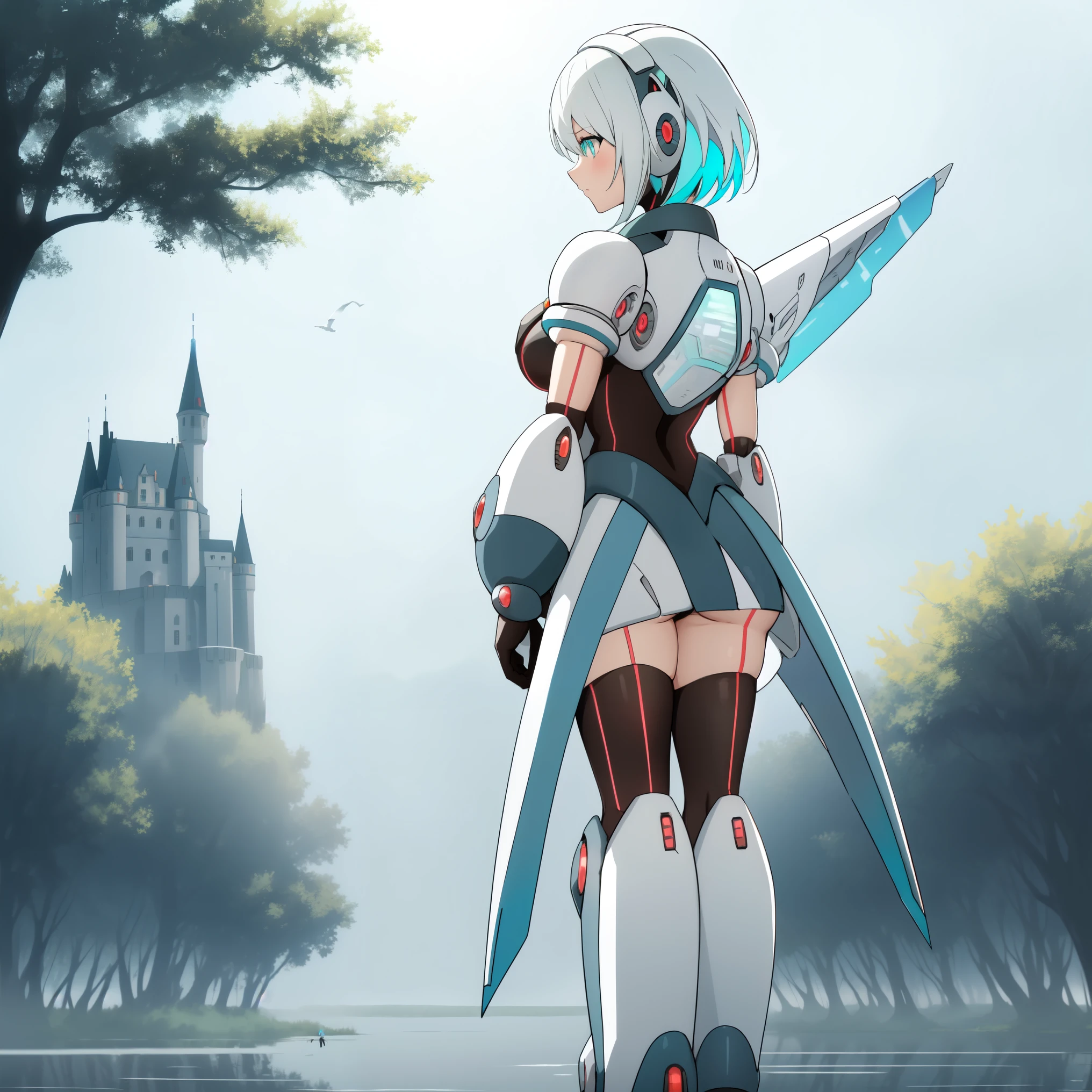 ico_megamanxdive, 1girl, blue eyes, solo, white hair, android, large breasts, black gloves, short hair, thighhighs, necktie, high quality, masterpiece, standing next to a swamp and castle surrounded by mist, outdoors, tree, solo, from behind, bird, facing away, scenery