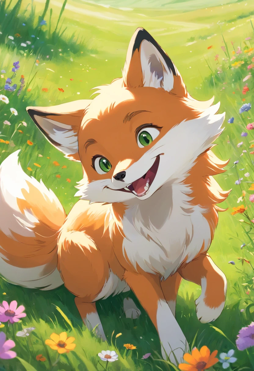 A playful Fox with beautiful shiny fur, wagging its tail, catching a frisbee in mid-air, running freely in a green meadow. The dog's eyes are bright and expressive, its ears perked up with excitement. The fur is soft and fluffy, with a mix of white and golden shades. The Fox's tongue is hanging out, showing a happy smile. The meadow is filled with colorful wildflowers, creating a vibrant and joyful atmosphere. The lighting is warm and gentle, casting soft shadows on the Fox's fur. The image is of the best quality, with ultra-detailed features and realistic colors. It captures the essence of a fox's playful nature and the beauty of nature.