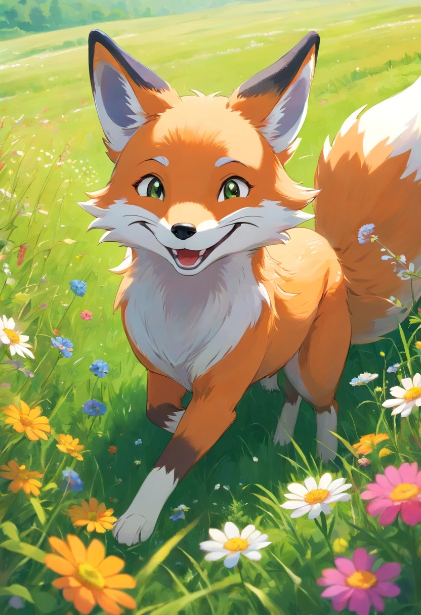 A playful Fox with beautiful shiny fur, wagging its tail, catching a frisbee in mid-air, running freely in a green meadow. The dog's eyes are bright and expressive, its ears perked up with excitement. The fur is soft and fluffy, with a mix of white and golden shades. The Fox's tongue is hanging out, showing a happy smile. The meadow is filled with colorful wildflowers, creating a vibrant and joyful atmosphere. The lighting is warm and gentle, casting soft shadows on the Fox's fur. The image is of the best quality, with ultra-detailed features and realistic colors. It captures the essence of a fox's playful nature and the beauty of nature.