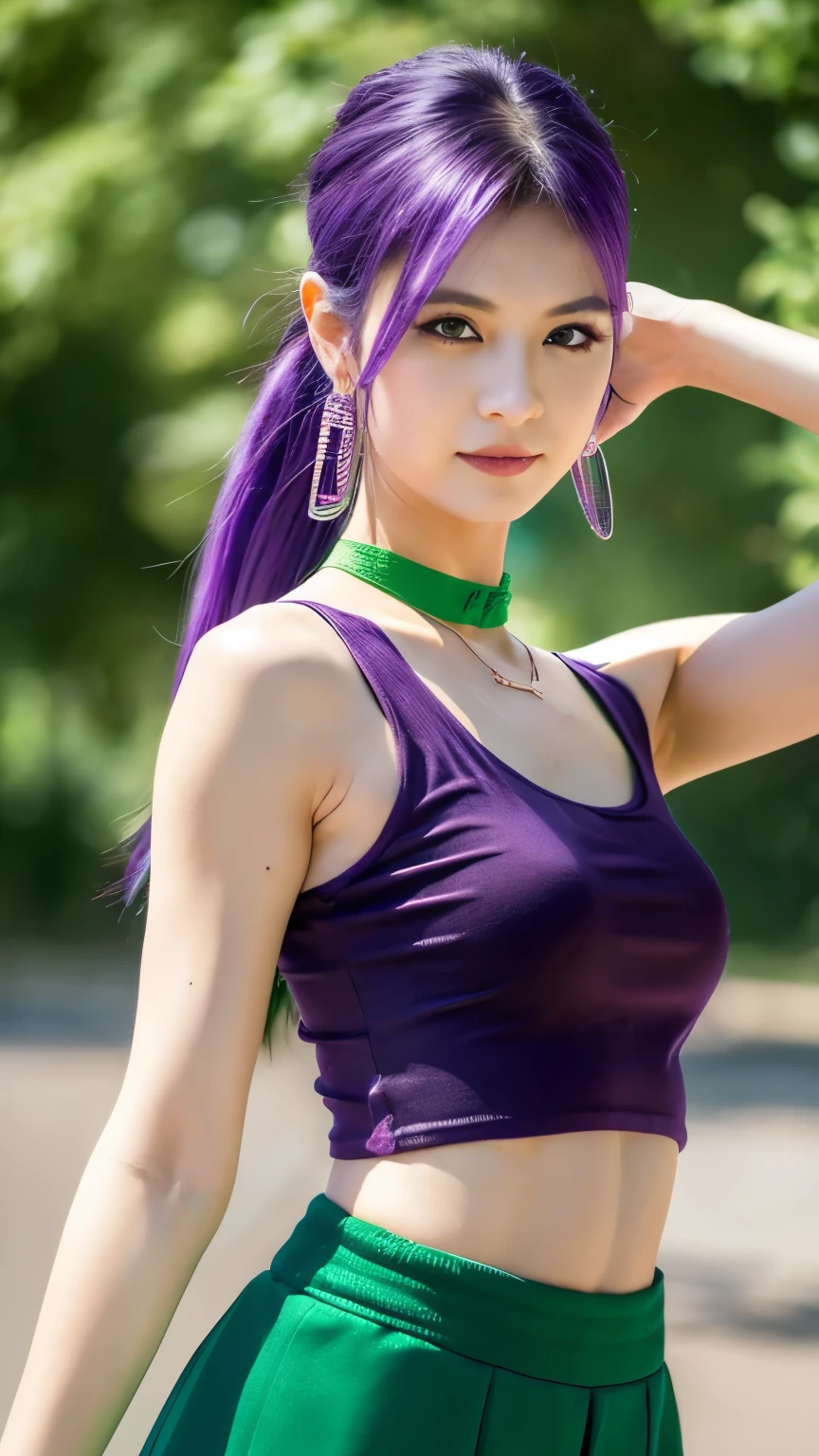 martina,purple eyes, purple hair, very long hair, ponytail, hair scrunchie, green choker, o-ring top, tank top, sleeveless, waist cape, black shorts, green belt, boots,fcPortrait  