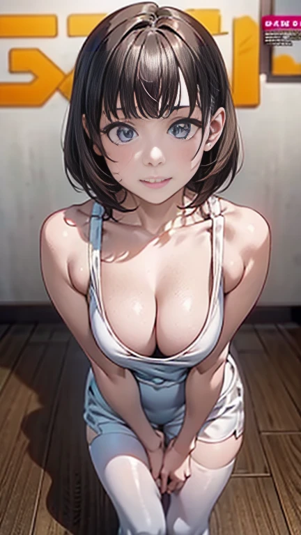 (from above:1.2),(from side:0.9), ((Face)), (Close-Up:0.4), ((looking at viewer, holding a bouquet)),(magazine cover:1.4), highest quality、(real、photorealistic:1.4),(ultra high resolution, 8K RAW photo, clear focus), best qualtiy, natural lighting, field depth, (Bright pupils, detailed beautiful eyes, high detailed face), Red lip, (tight focus:1.2, from below), sexy posing, seductive weak smiling, Looking at Viewer, Cinematic lighting, Perfect, softlight, High resolution skin:1.2, Realistic skin texture, body tired from sports、30 years old mature woman、a small face、beautiful-makeup、Makeup light、Shortcut Hair、dark brown hair、Bust b Cup, Amazing Cleavage, thin waist, big ass, Raised sexy, big breast: 1.2 posed cleavage:1.2、off shoulders、Sportsbra、legginullnude、cute wall background .
