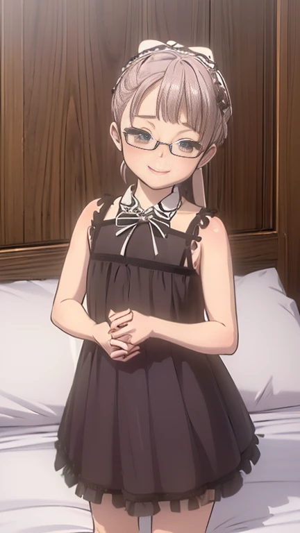 ((masterpiece)),((highest quality)),((Anatomical)),((Realistic)),((Detailed Description)),((cute)),((((bedroom)))),(((One ))),((Beautiful eyes)),(((ponytail))),((Baby Face)e)),((Bewitching Smile)),(((Lolita Dress))),(((Glasses))),Full body view,