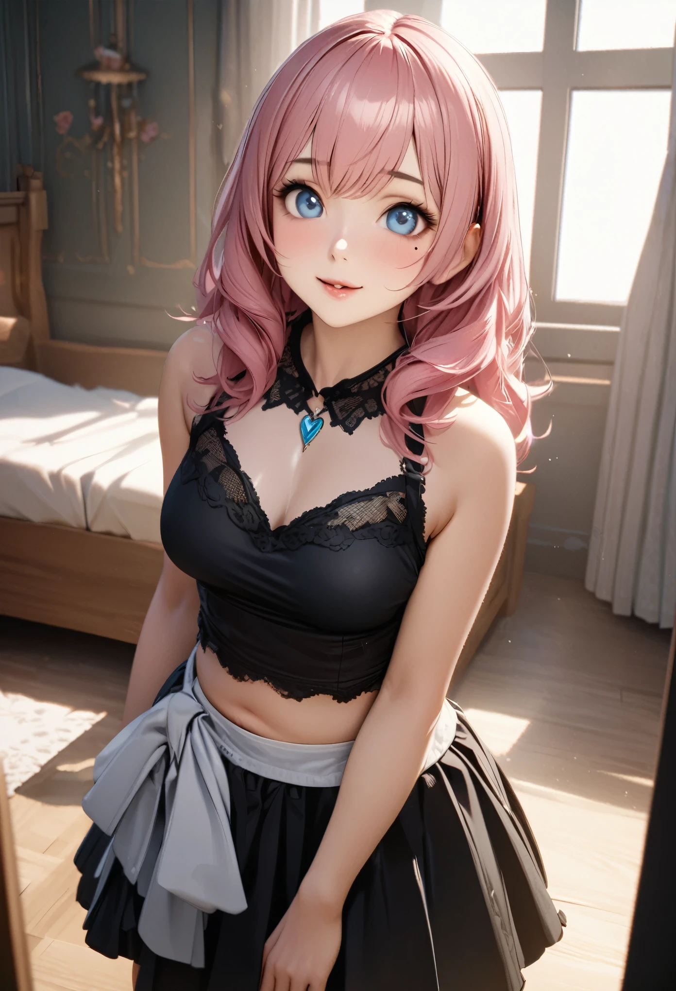 One Girl、Looking at the audience、
Beautiful Blue Eyes、shoulder-length pink  hair、,Mole under the eye、Plump and glossy lips、Heart-shaped choca、Idol、smile、ー、。.。.。.。.。.。.。.。.。.。.。.。.。.。.。.。.。.。.3D、Realistic、
The black tank top and hort skirt、Drape clothes、gem、The decoration has been removed、Floral、Lace trim、girl's room,large bedroom,
masterpiece、highest quality、8k、Detailed skin texture、Detailed cloth texture、Beautifully detailed face、Intricate details、Very detailed、
超A high resolution、8K Ultra HD、Film Grain、Best Shadow、delicate、Staring at the audience、front