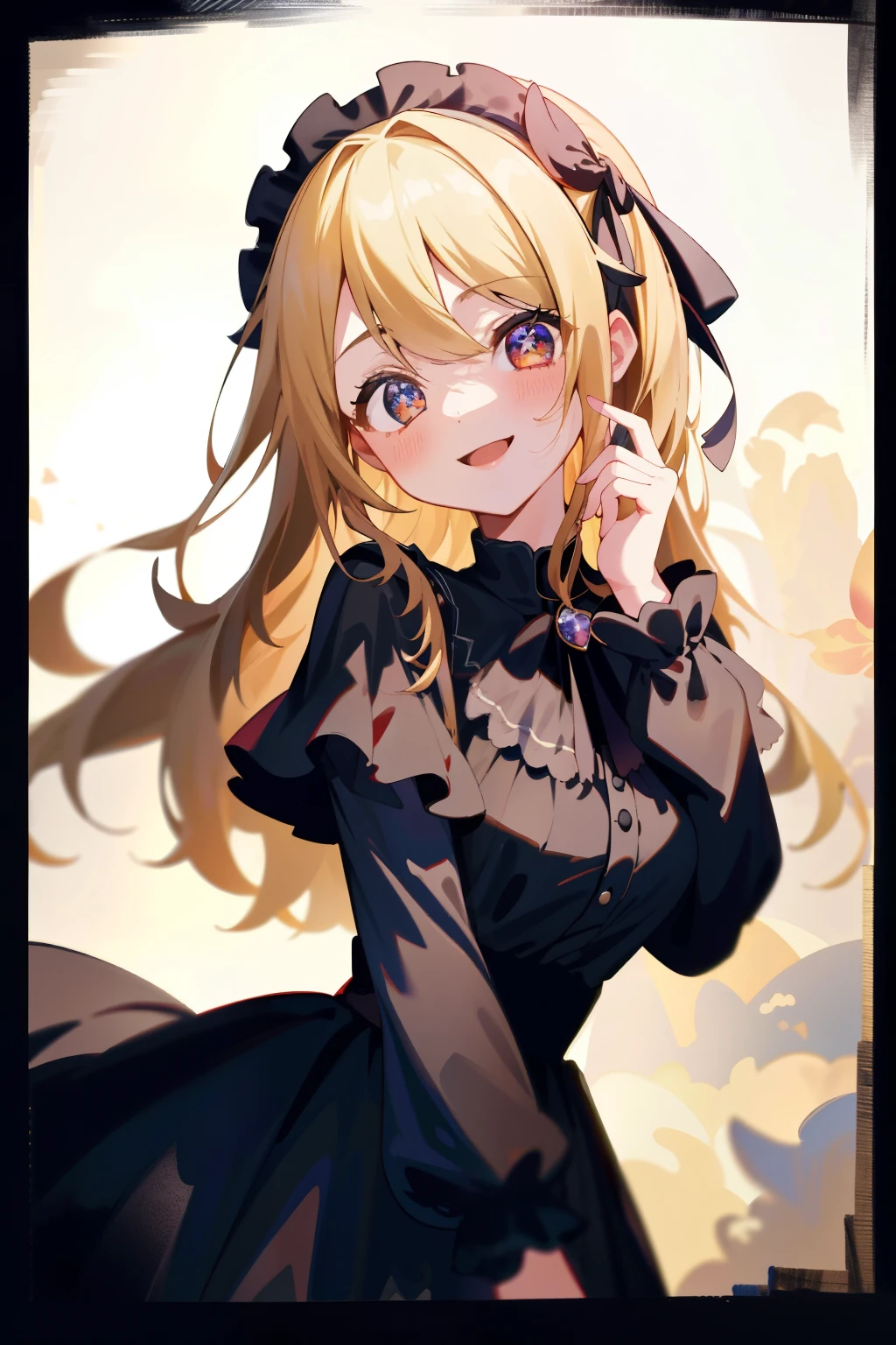 (8K、highest quality、highest quality、masterpiece、very detailed: 1.2)、1 girl、Upper body、what women have、 Wearing a Gothic Lolita costume、Black dress、Headdress、smile、Blonde、semi-long、Depicting from head to waist、真frontを向いている、front