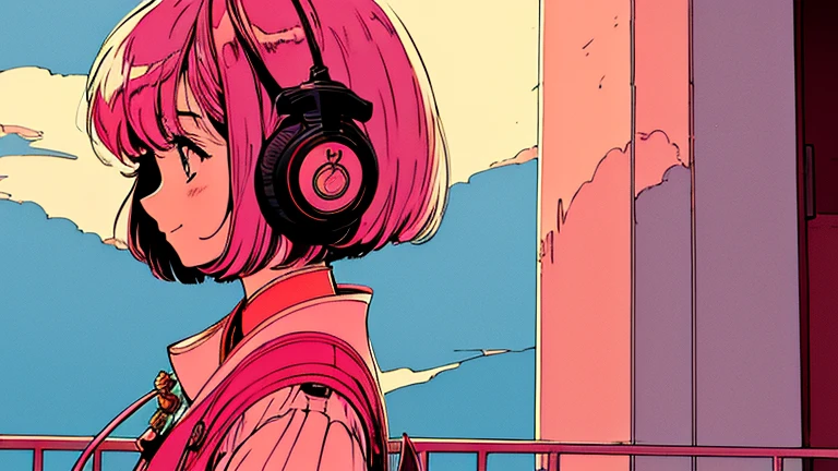shoulder length pink Hair, fluffy bob cut, wearing headphones, Futuristic yet lofi, retro, master piece, (( side shot )), maiko, light smile, torii, Kyoto
