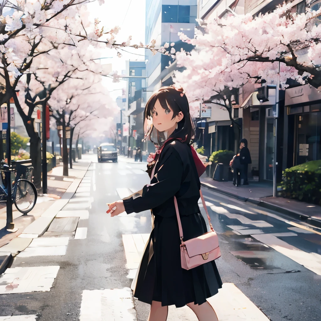 masterpiece, 1girl, solo, walking on the street, Tokyo, spring, cherry blossoms