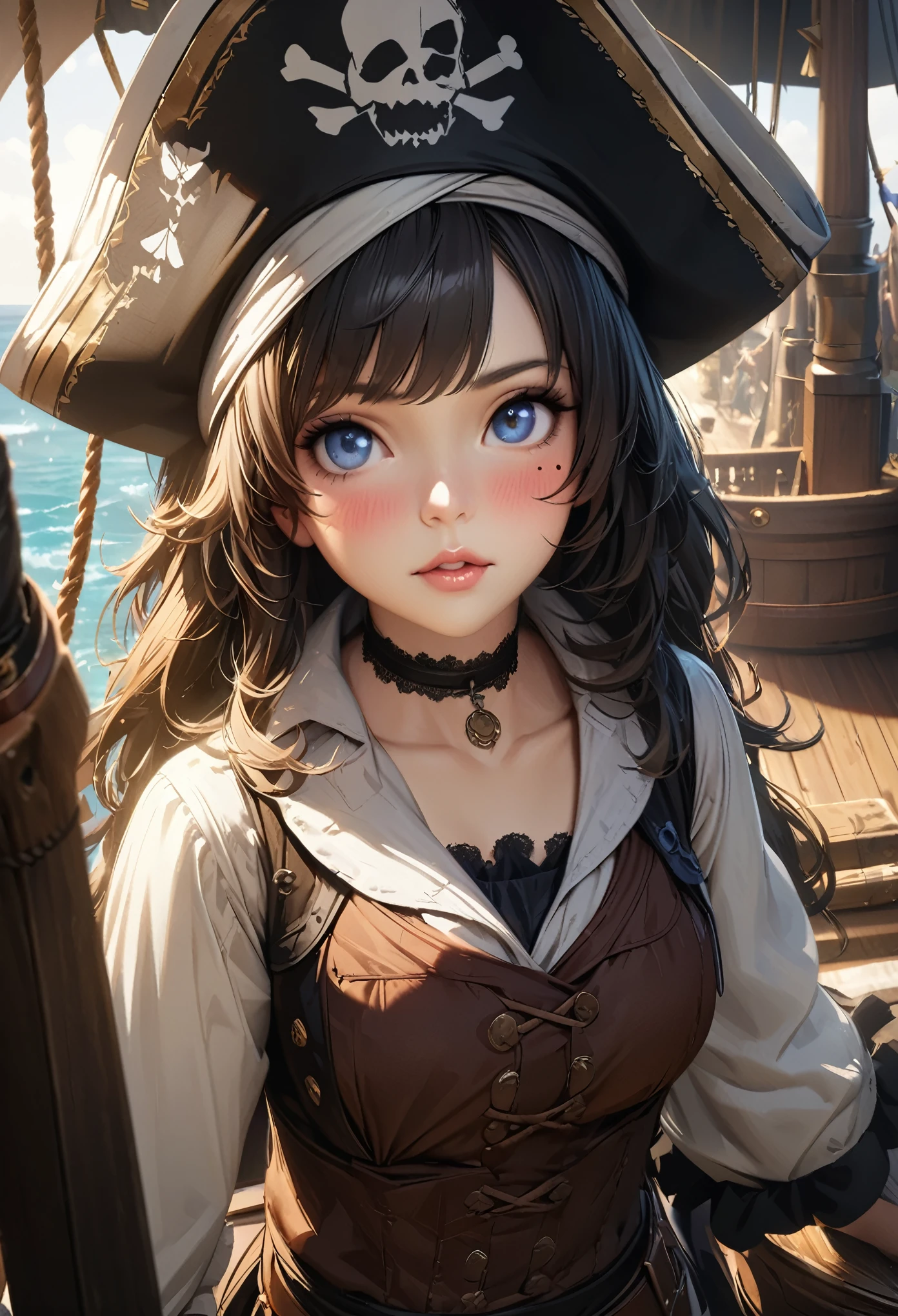 LittleMasterpiece, Best Quality, Highly Detailed, High Definition, High Definition, High Definition, 4k, 8k, Unity 8K Wallpaper, Highly Detailed CG, Masterpiece, Realistic, Beautiful Details, Depth, Fine Texture, Best Quality: 1.3, Total concentration, perfect skin, him, very cute anime, female pirate, pirate costume, pirate ship, whole body, mole under the eye, gaze, high, blush, lips parted, his art, blue eyes, choker