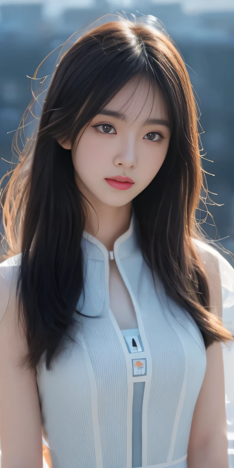 (1 girl:1.3), Solitary, (((Very very Delicate face))),((The eyes and face are very detailed))),Beautiful and delicate eyes,body parts__,official art,unified 8k wallpaper,Ultra Detailed,Beautiful and beautiful,Big breast beauty,masterpiece,best quality,The original,masterpiece,Ultra-fine photos,best quality,Ultra-high resolution,realism,Sunlight,Full body portrait,Breathtakingly beautiful,,Dynamic poses,Delicate face,Vibrant eyes,(From the front),(navy:1.5) navy,Red and black color scheme,navy,Very detailed city roof background, roof,Overlooking the city,Delicate face,Detailed complex busy background,untidy,Gorgeouilky White W,Extremely delicate skin,Realistic skin details,Visible pores,Stay focused,Volumetric Fog,8K Ultra HD,Digital SLR Camera,high quality,Film Grain,White skin,Photorealism,Rama Photography,A huge metropolis of the dystopia of the future, translucent