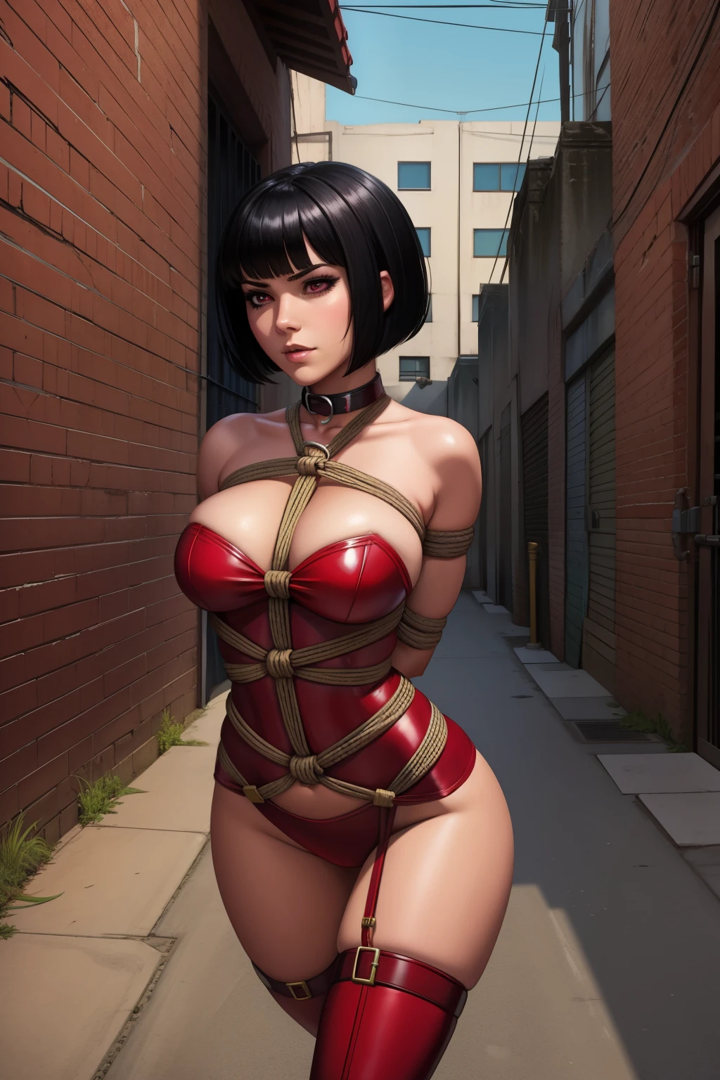 super girl, heroine, costume, bobcut, black hair with red highlights, submissive, slave collar, tied up with rope, captured, bondage, restrained, in an alley way, hands behind back, surrounded by bad guys