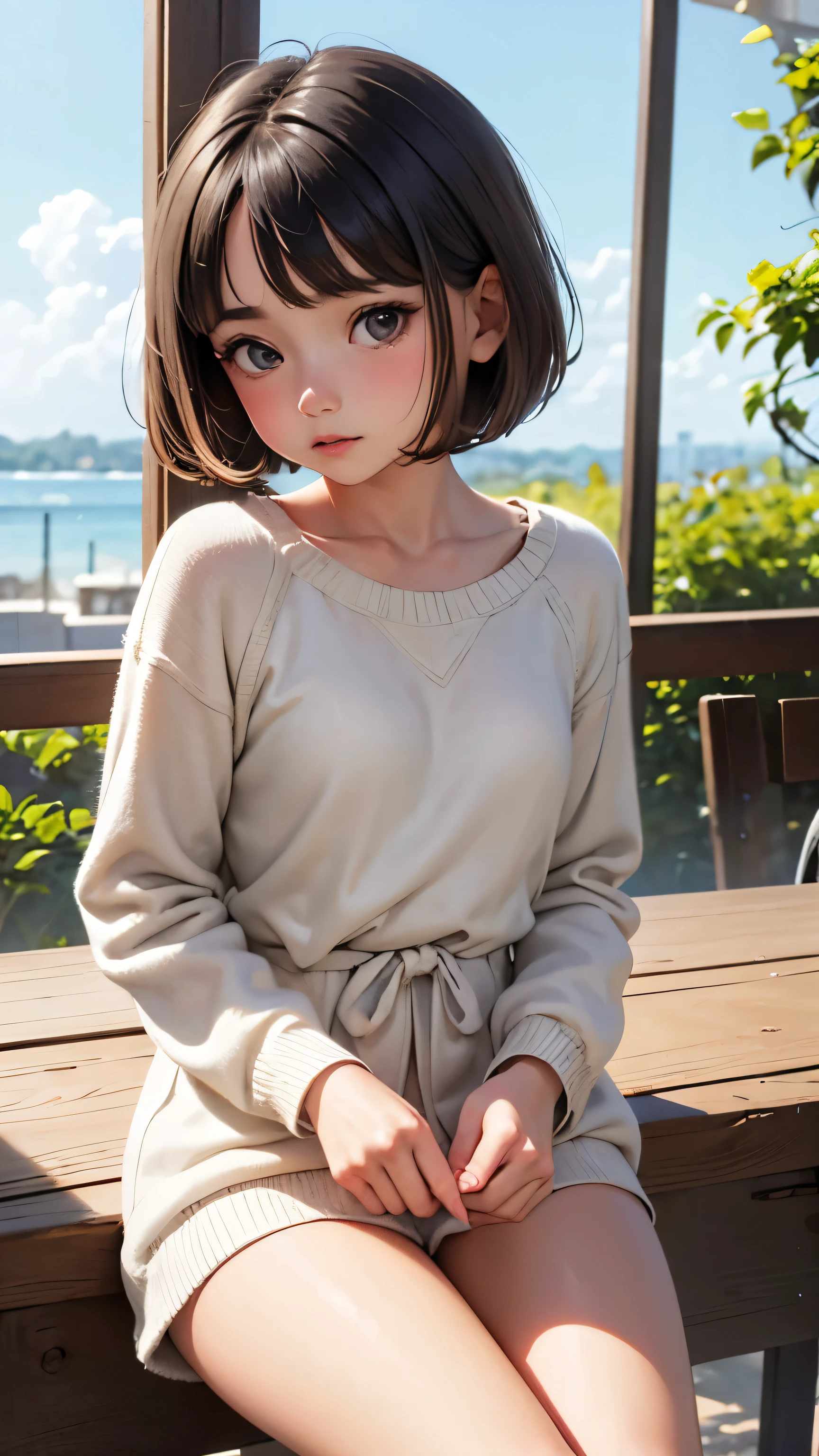 short hairと白のSummer knitwear, Summer knitwear, short hair, Short hair with bangs, Cute face girl, Cute little face in a portrait, French Bob, White skin!!, Short brown hair and big eyes, Soft Portrait Shot 8k, Beautiful light、Big eyes, Beautiful girl, Young girl with bob cut, Best image quality, Tabletop, Leonardo da Vinci&#39;s Notebooks Da Vinci, Leonardo da Vinci&#39;s manuscript in the background,See-through gown,Exposing breasts,Man and woman hug,,