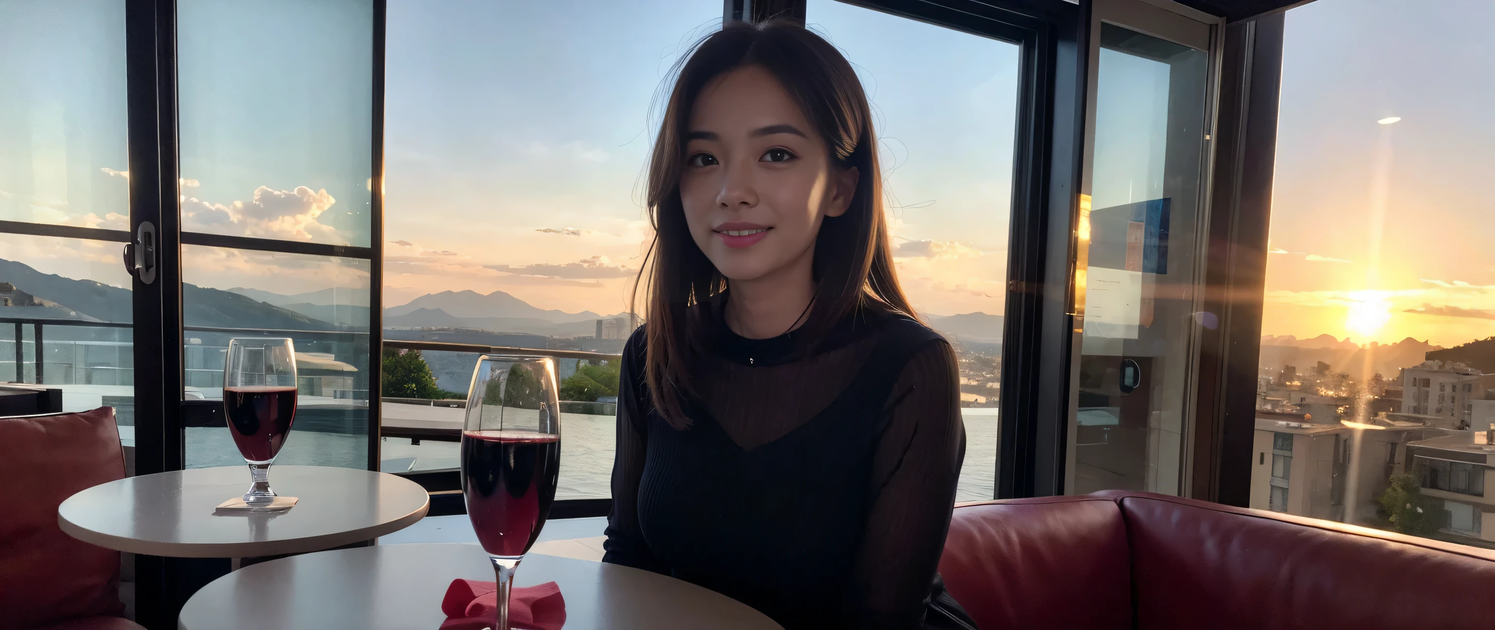 ((highest quality、8k、masterpiece:1.3))、Sharp focus:1.2、Beautiful woman perfect body:1.4、Slim body、((Bob Hale、Straight hair:1.2))、(to be born, highest quality, masterpiece:1.5), (Realistic, Intricate details:1.2), Ultra-high resolution, shine a light on your face、Spectacular view of the sunset sky and clouds、Amazing mountain views、A bright smile、wine glass、red wine 、Appetizer、Italian food、Wine bottle、Champagne、sparkling wine、, Beautiful Face, blue eyes, The light shines on your face, Blushing, short hair,Bright Face、Fox face、 (36 years old), 39 years old, Lady、Two beauties、Brown Hair、Shortcuts、Long sleeve shirt、dress、Pretty Woman 1, (Slim face), (The body is slim), (Brown Hair), (Shortcuts), cheeks turn a little red,Attractive beauty、, Out of the window, A beautiful and detailed night view unfolds.........., restaurant, In a prominent place (From the waist up) Nova Frog Style, actress, model, Upper Body, White wine, slim, wine glass, A wine glass placed in the middle, smile, (smile: 1.15), Beautiful fine grain, Depth f/2,saturation, High Contrast, Strong light and shadow,Moist Body:1.5、3D texture、Delicate eyes、Brown Hair、The hair is very shiny、