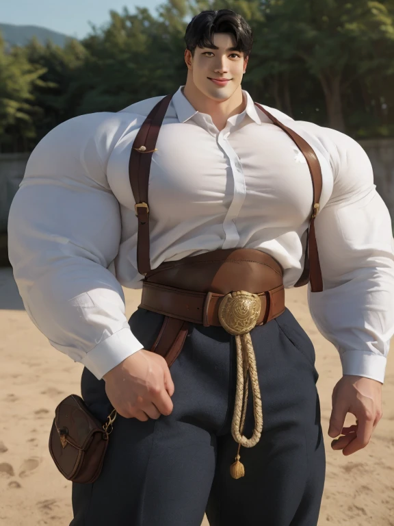 1boy asian male, (korean man with k-pop idol look), black hair, giant, model shoot style, looking at viewer, ready to fight, strong body, warrior belt, prominent muscle bulge, brutalmass, detailed face, heavy muscular, stubble, photo real, sexy, big, brutalmass, giant, muscular body, bulk, massive body, large size, smile, illuminating light, golden hour, outdoor, arena