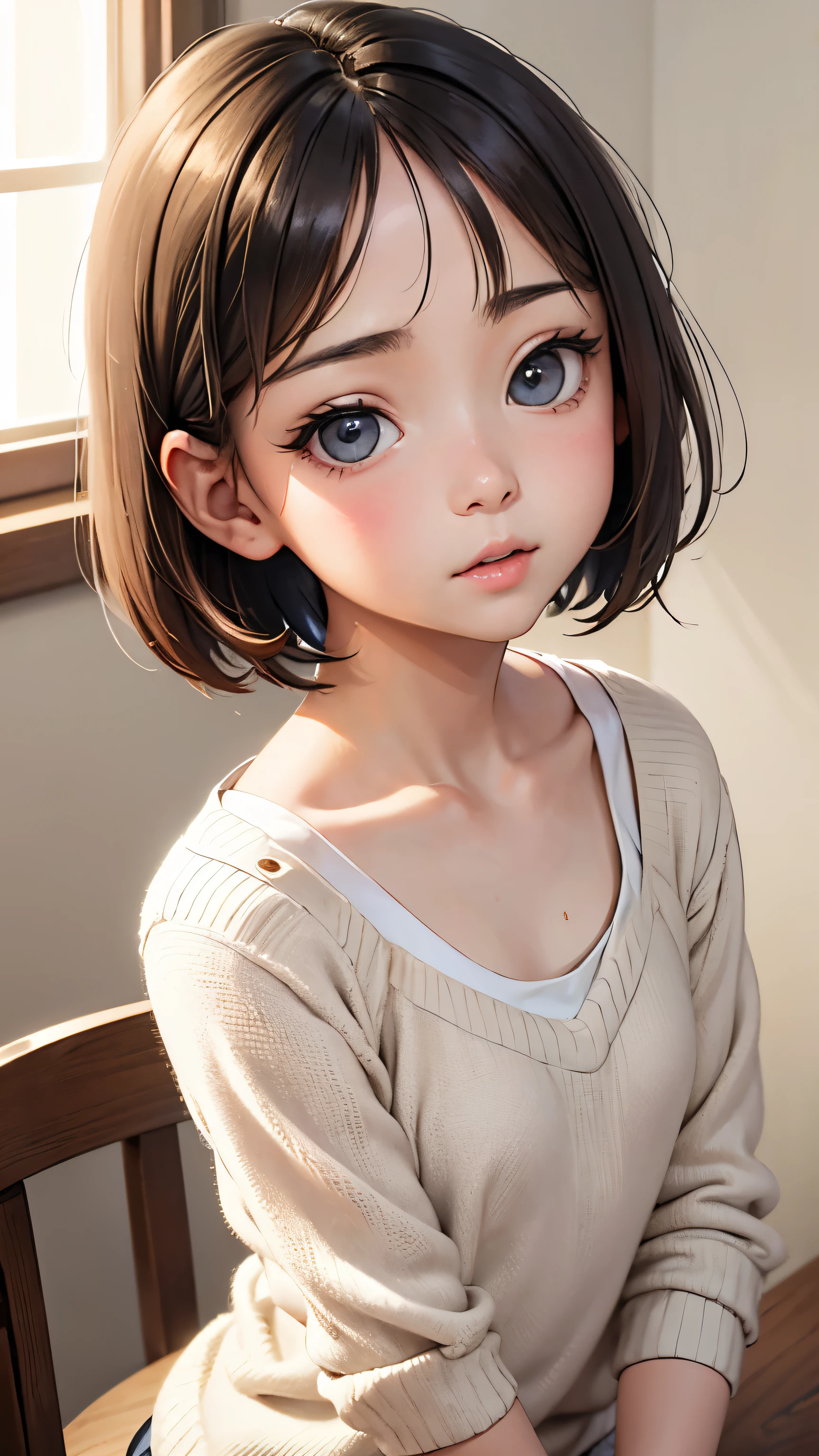 short hairと白のSummer knitwear, Summer knitwear, short hair, Short hair with bangs, Cute face girl, Cute little face in a portrait, French Bob, White skin!!, Short brown hair and big eyes, Soft Portrait Shot 8k, Beautiful light、Big eyes, Beautiful girl, Young girl with bob cut, Best image quality, Tabletop, Leonardo da Vinci's Notebooks Da Vinci, Leonardo da Vinci's manuscript in the background,See-through gown,Exposing breasts,Man and woman hug,,